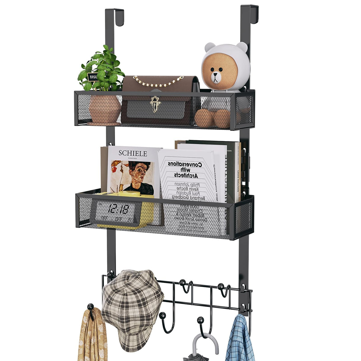 HapiRm Over Door Hanger With 9 Coat Hooks and 2 Baskets, Stainless Steel Rustproof & Waterproof Hook for Bathroom, Kitchen, Bedroom - Black (for