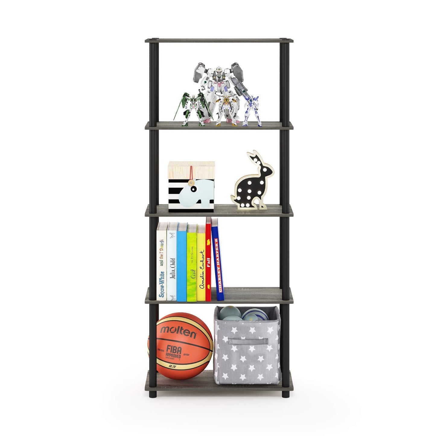 Furinno Turn-N-Tube Toolless Assembly 5-Tier Storage Shelves, Grey Book Shelf, Open Storage Bookshelf, for Organization and Storage, Living Room