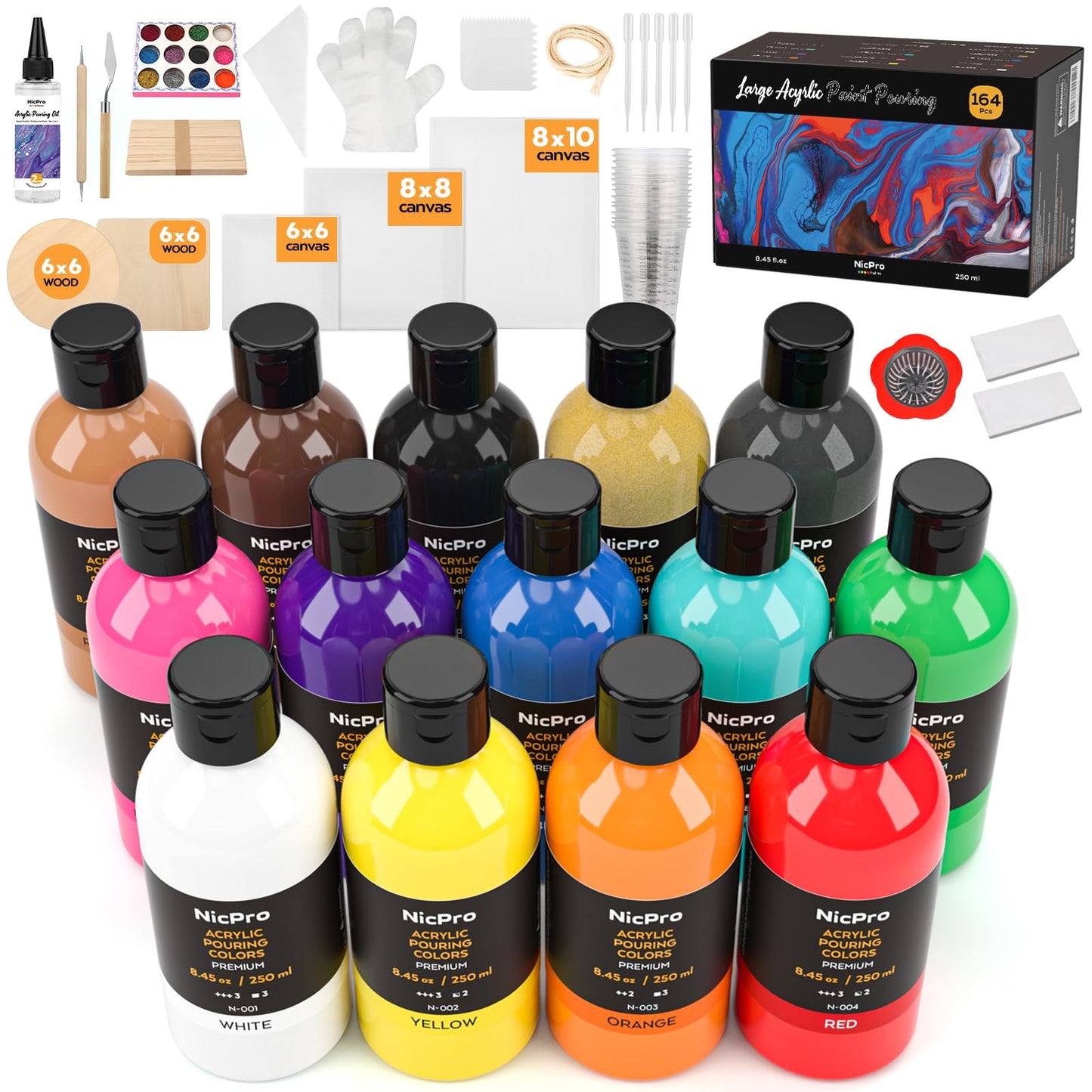 Nicpro 14 Colors 8.45oz Acrylic Pour Paint Supplies Kit, Large Volume Premixed High Flow Painting Bulk Set with Canvas, Wood Natural Slices, Pouring