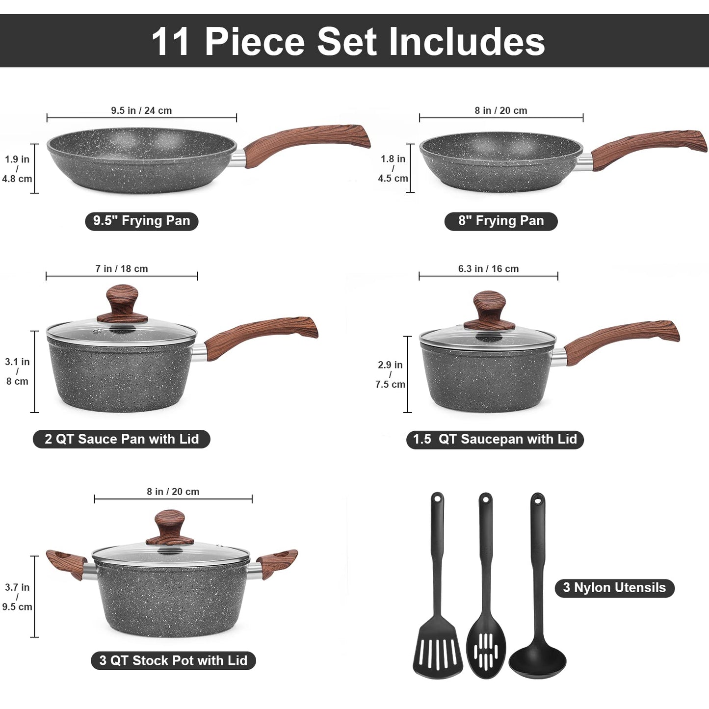 M MELENTA Non Stick Pots and Pans Set, 11 Piece Die-Cast Induction Hob Pan Set, Granite Cookware Set with Frying Pans, Saucepan Set, PFOA Free, Dark