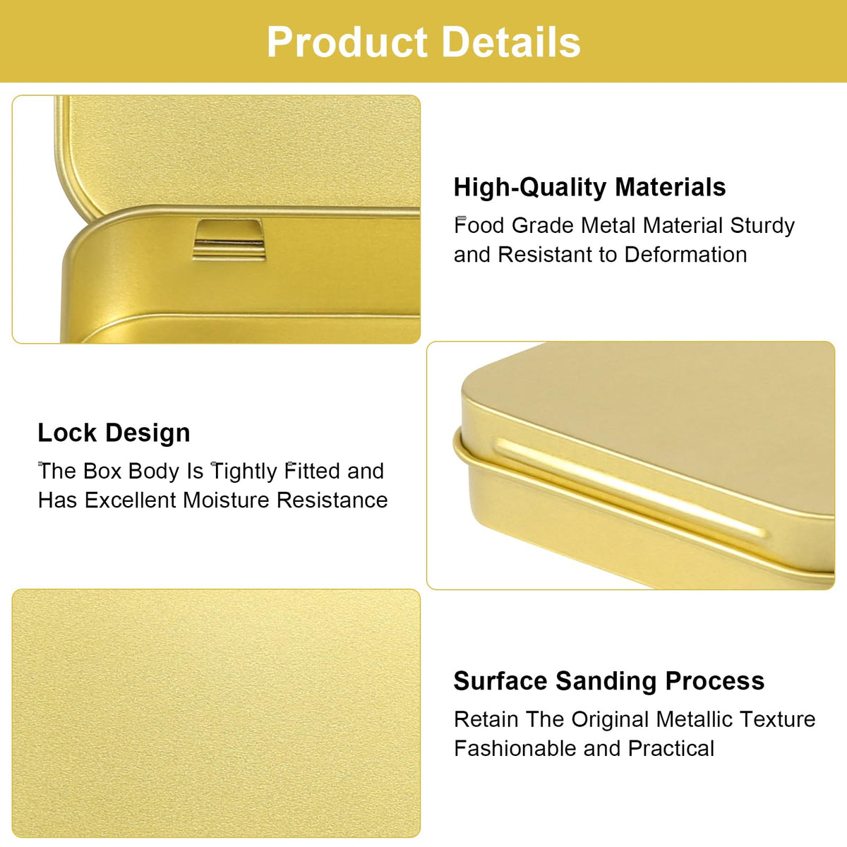 Gyism 6Pcs Golden Metal Rectangular Hinged Tin Container with Lids, 9.5×6×2cm Small Decorative Tins with Lids