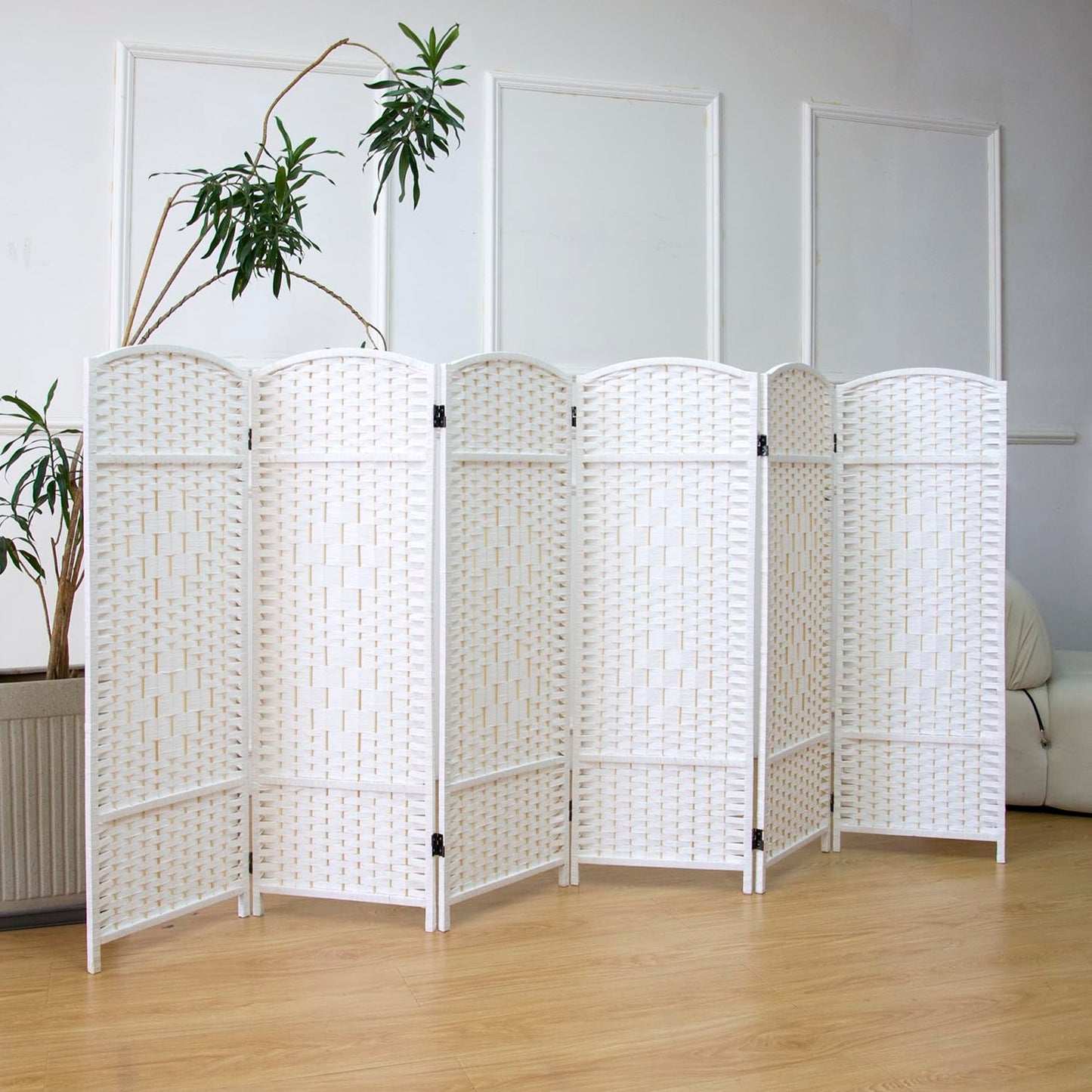 Furnnylane 6 Panel White Rattan Divider Short Room Partition Screen,Double Sided Short Folding Divider for Room Separation,120 cm Tall