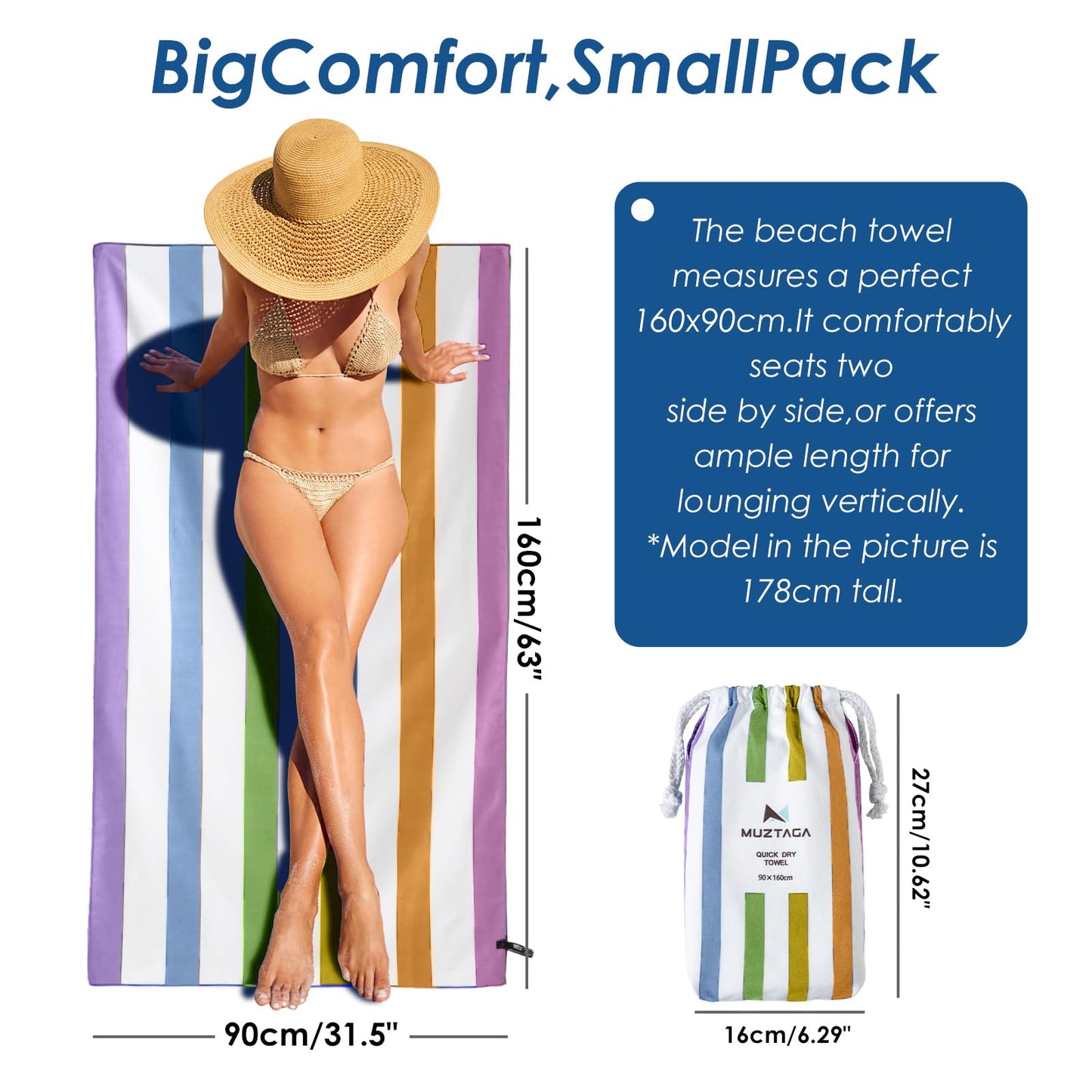 Muztaga Microfibre Beach Towel - Sand Free, Quick Dry, Large 160 x 90 cm Striped Pool Towels for Adults & Kids