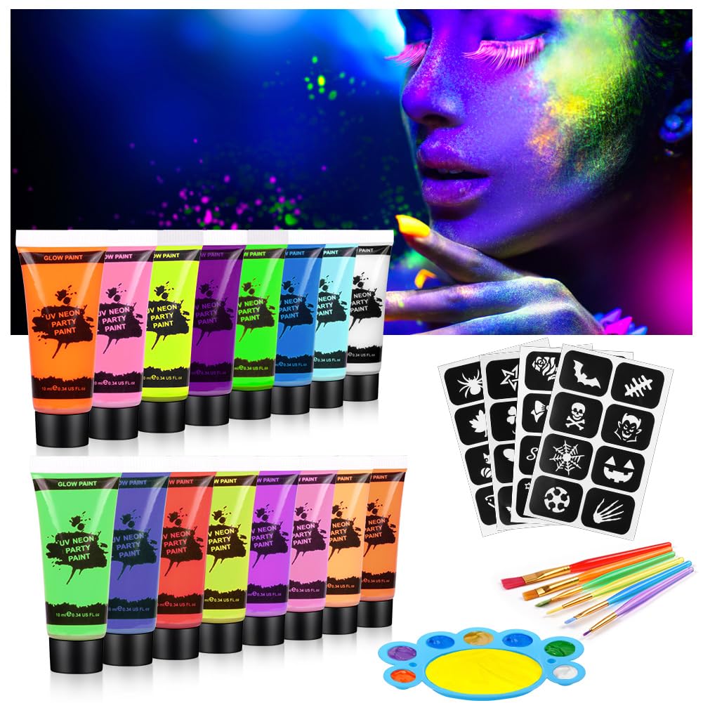 AOOWU Ultraviolet Glow Face Body Paint Set, 16 Colors UV Blacklight Neon Fluorescent Face Paint, Non Toxic Face Painting with Palette and Brush,