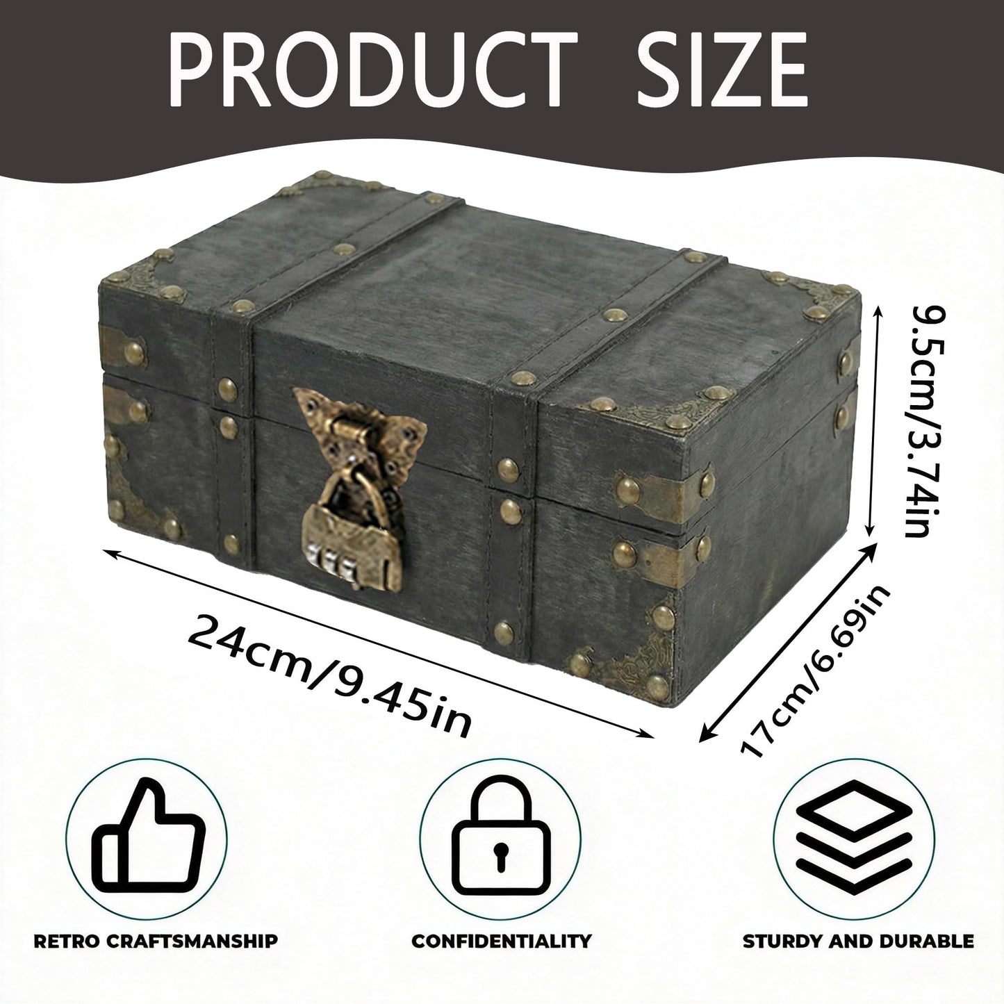SZHUGEKI Vintage Wooden Treasure Chest Box with Lock, 24 x 17 x 9.5 cm