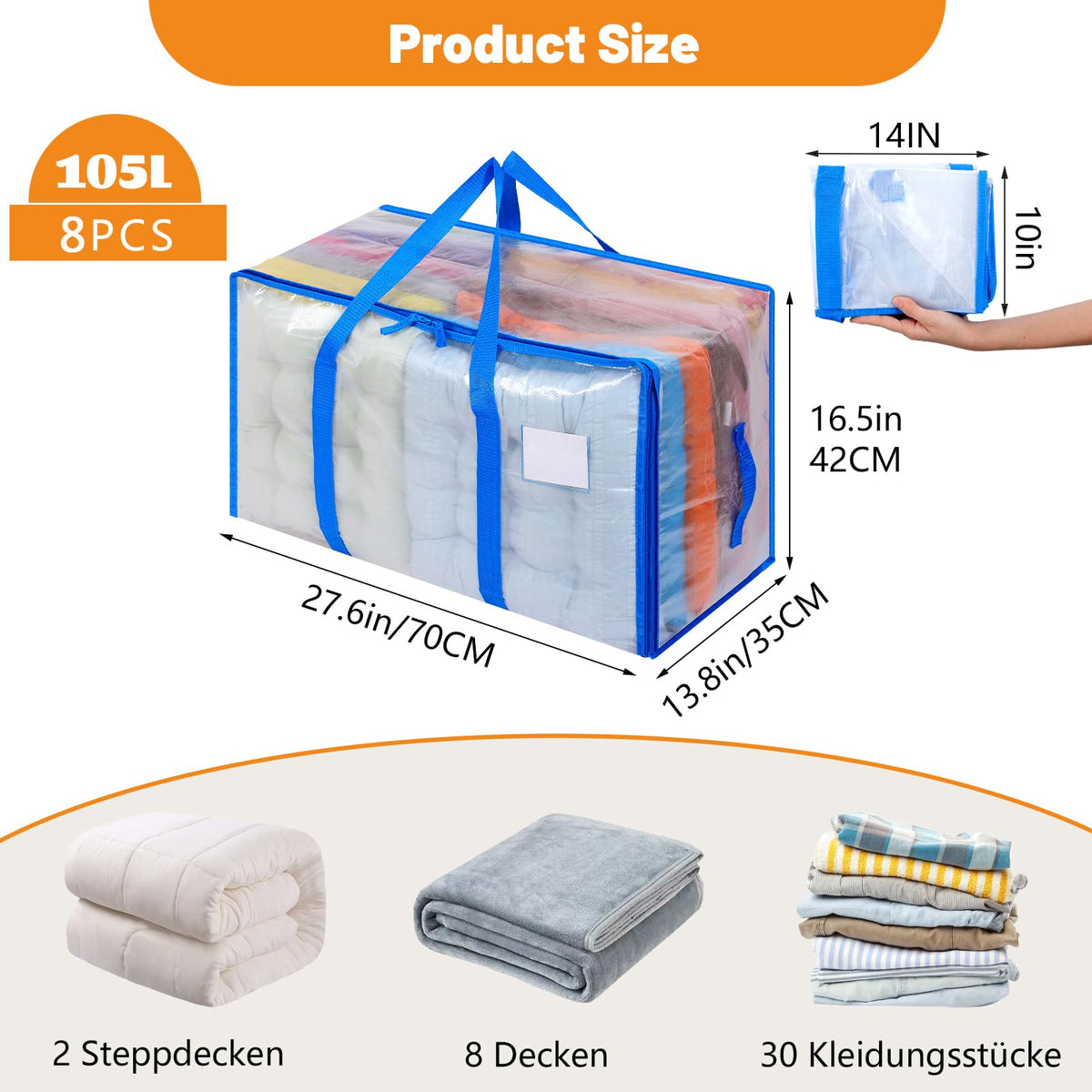 Dntorx 8 Pack 105L Moving Bags Clothes Storage Bags Drom Packing Box, Blue