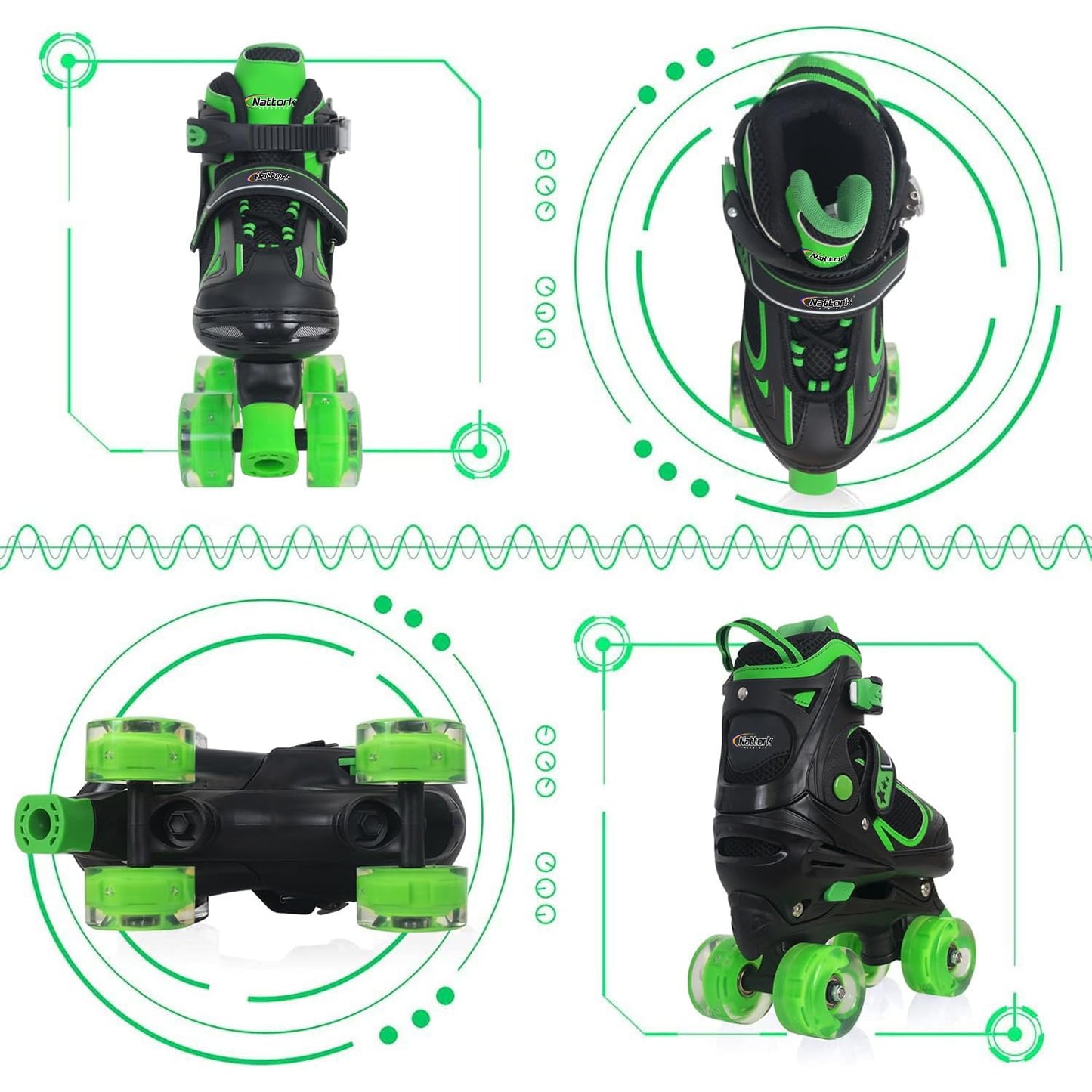 Nattork Kids Roller Skates for Boys Girls, 4 Sizes Adjustable Roller Skates with All Light up Wheels, Full Protection for Children's Indoor Outdoor