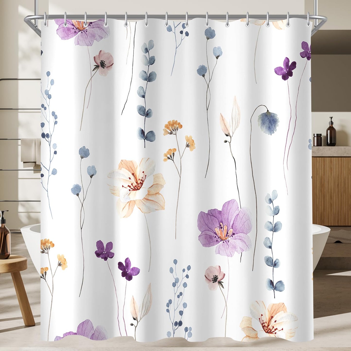 Lerores Shower Curtain, 180 x 200 cm, Purple Flower, Weighted Hem, Anti-Mould, Water-Repellent, Washable Polyester Bath Curtains with 12 Eyelets and