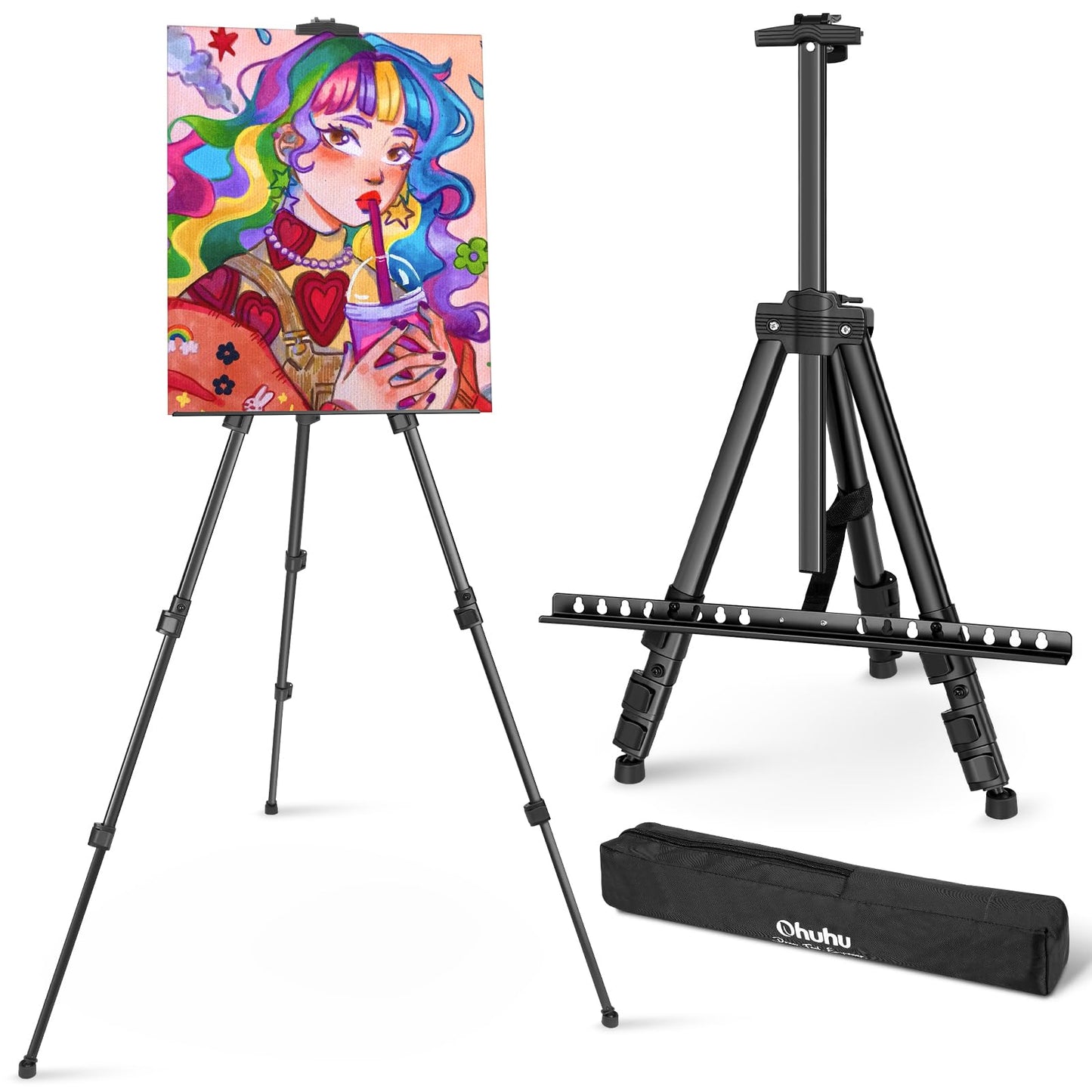 Easel Stand for Painting, Ohuhu Iron Easel Stand with Portable Bag for Canvas Painting - Black Table-Top/Floor Easel with Adjustable Height from 21"