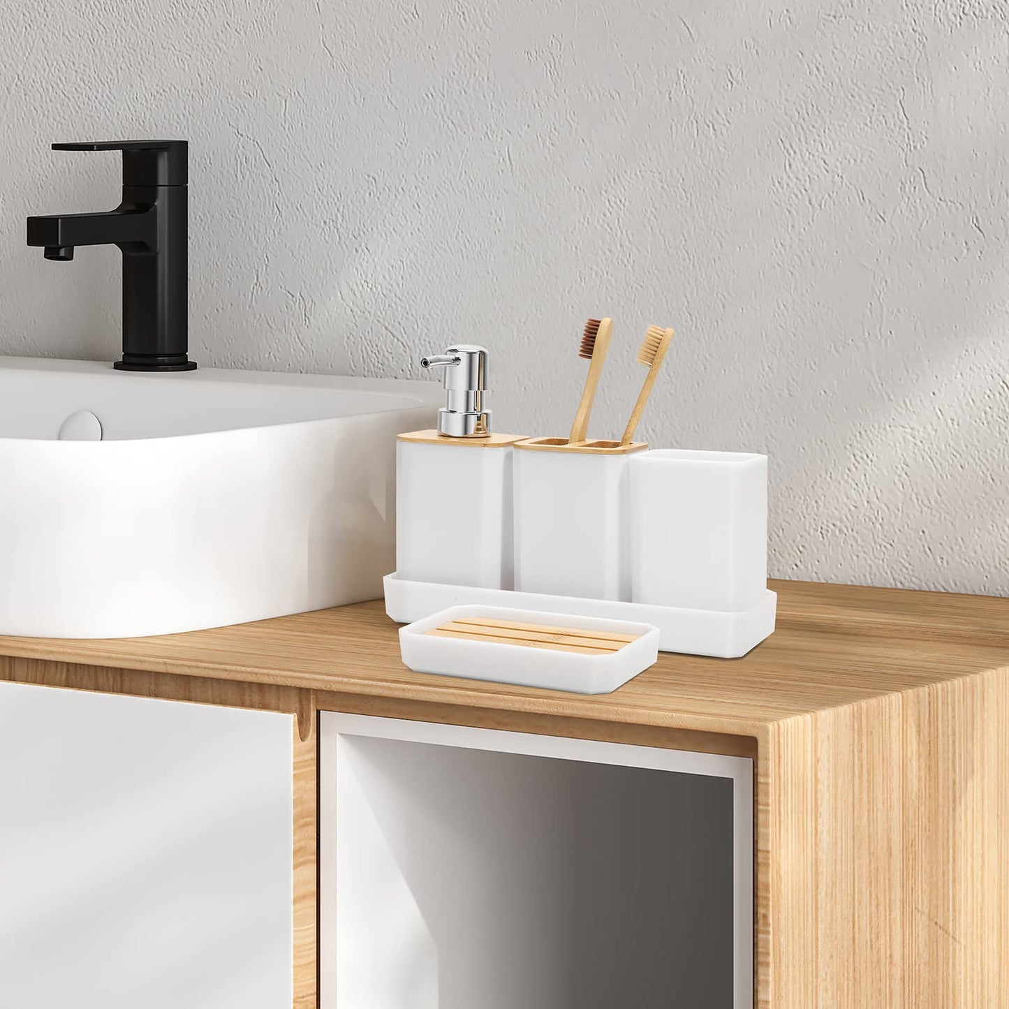 FEILANDUO Bathroom Accessories Set,5 Pcs Bathroom Accessory Gift Set, Soap Dispenser, Soap Dish, Toothbrush Holder, Toothbrush Cup, Vanity Tray, Boho