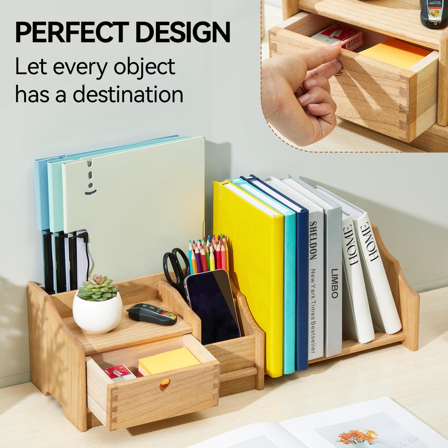 KIRIGEN Wooden Desktop Organiser with Drawer, Adjustable Bookshelf, Natural