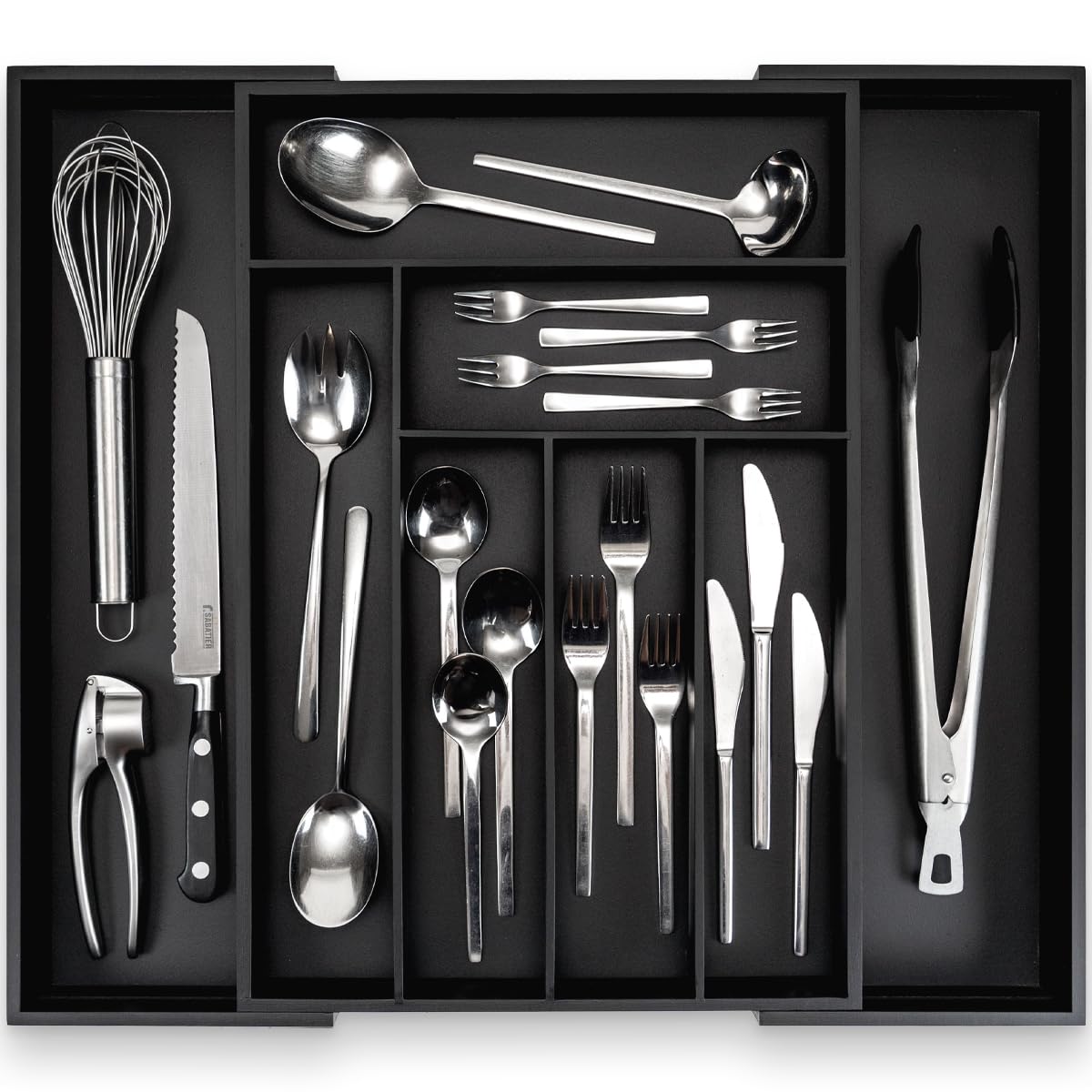 budu Cutlery Tray #50 (Depth 50 cm) Made of Bamboo - Black - Drawer Organiser System for the Kitchen - Cutlery Tray for Bamboo Drawers - Extendable -