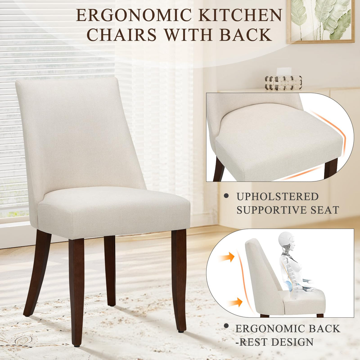 COLAMY Upholstered Dining Chairs Set of 6, Linen Fabric Parsons Dining Room Chairs with Curved Backrest, Solid Rubber Wood Legs