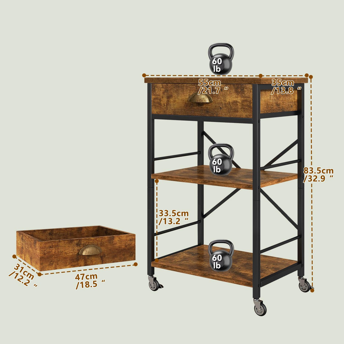 IBUYKE Kitchen Bakers Rack with Drawers,3-Tier Microwave Oven Stand with Storage, Coffee Bar Table with Wheels,Adjustable Shelf,Simple