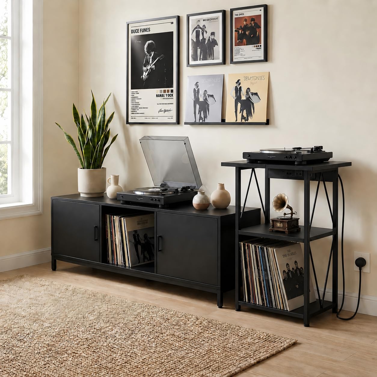 2026 Upgraded Extended Tabletop Record Player Stand with Charging Station, 3 Tier 50x40cm End Table with Vinyl Record Storage