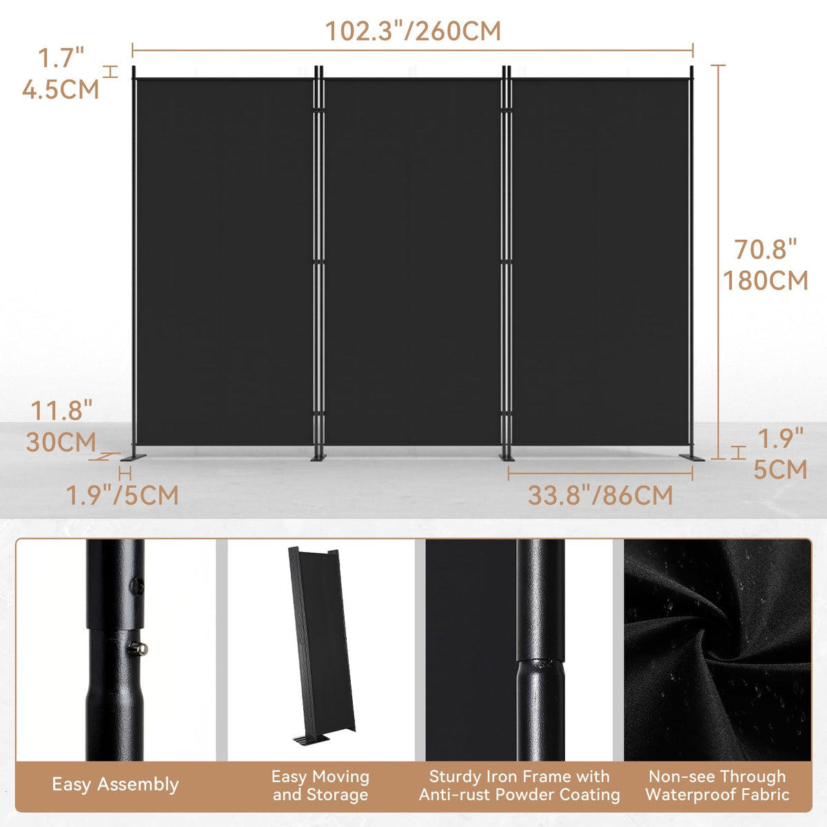 C-Hopetree 3 Panels Room Divider, 180cm Tall Indoor Folding Privacy Screen, Portable Partition Separator, Freestanding Separation Temporary Wall for