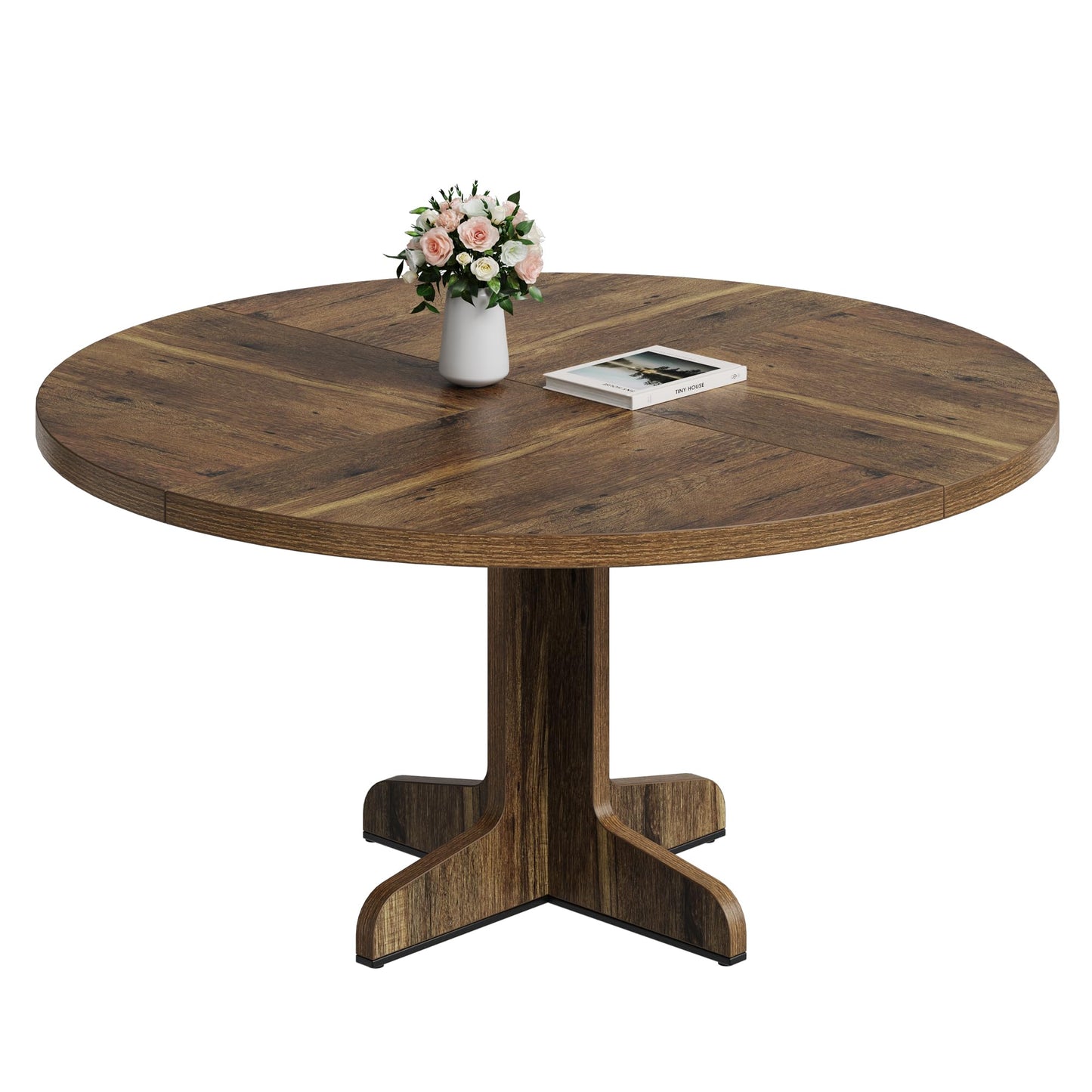 Crevyteg 47.2in Round Dining Table for 4-6 People, Farmhouse Kitchen Table with Wooden Tabletop and Legs