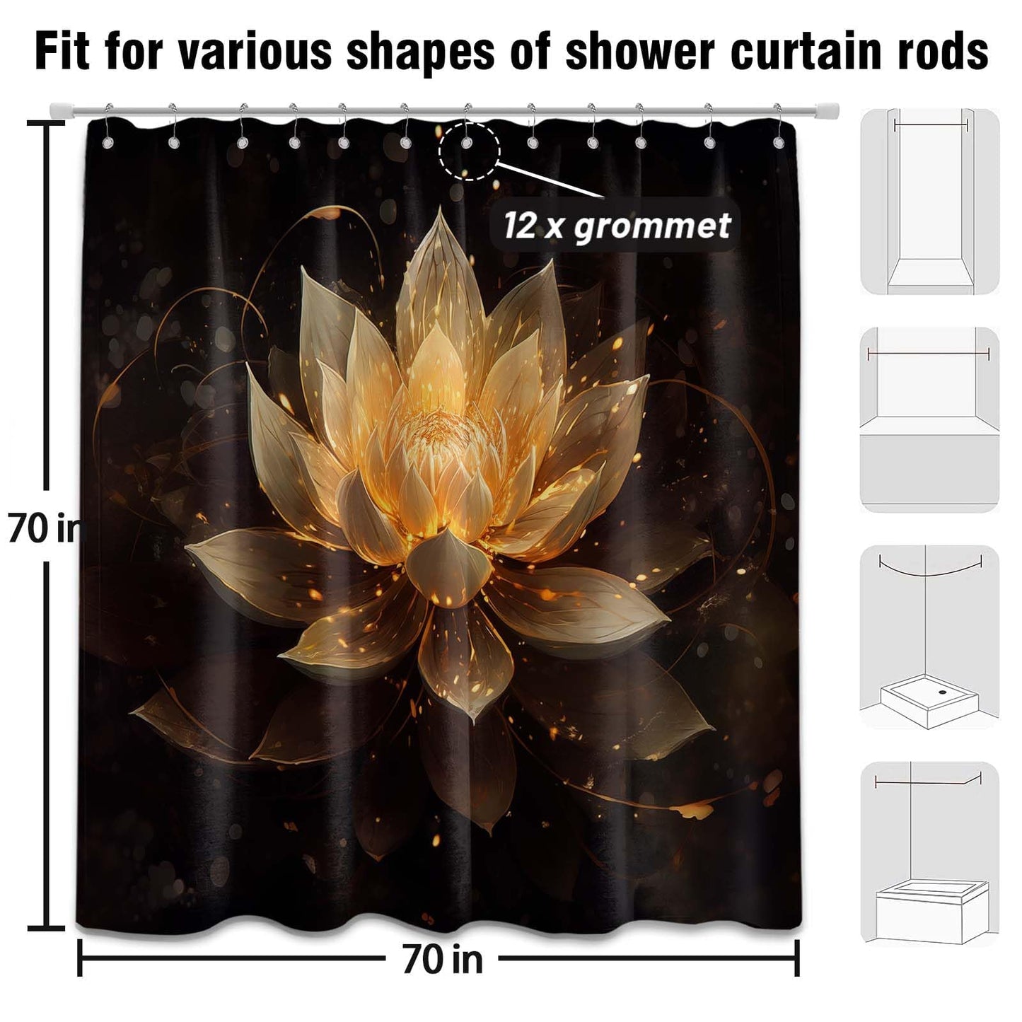 LanZanthic Lotus Shower Curtains for Bathroom Black and Gold Floral Spa Zen Wet Room Shower Curtain with hooks, Mould Proof Resistant, Waterproof