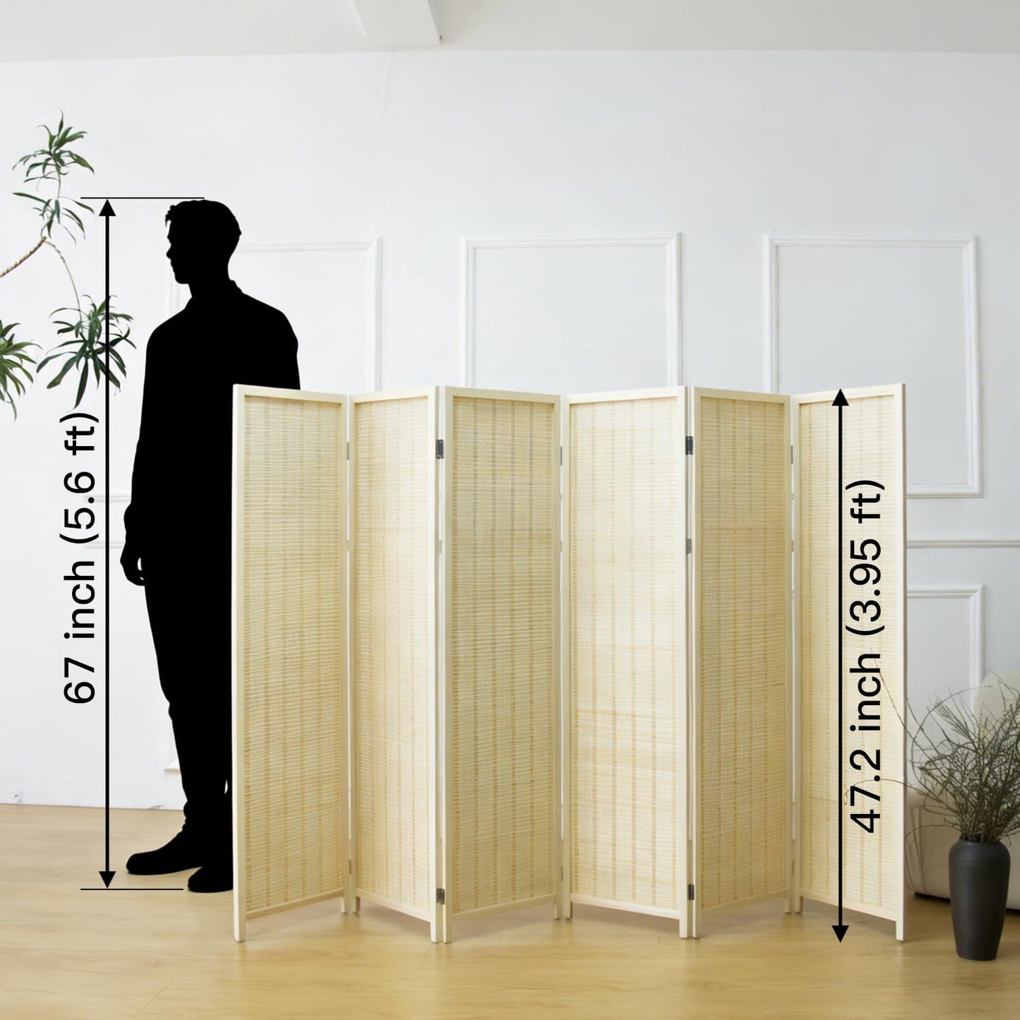 Furnnylane 6 Panel Bamboo Room Divider Short Folding Screen Divider,Double Sided Bamboo Panel Divider for Room Separation,Beige,120 cm H x 234 cm W