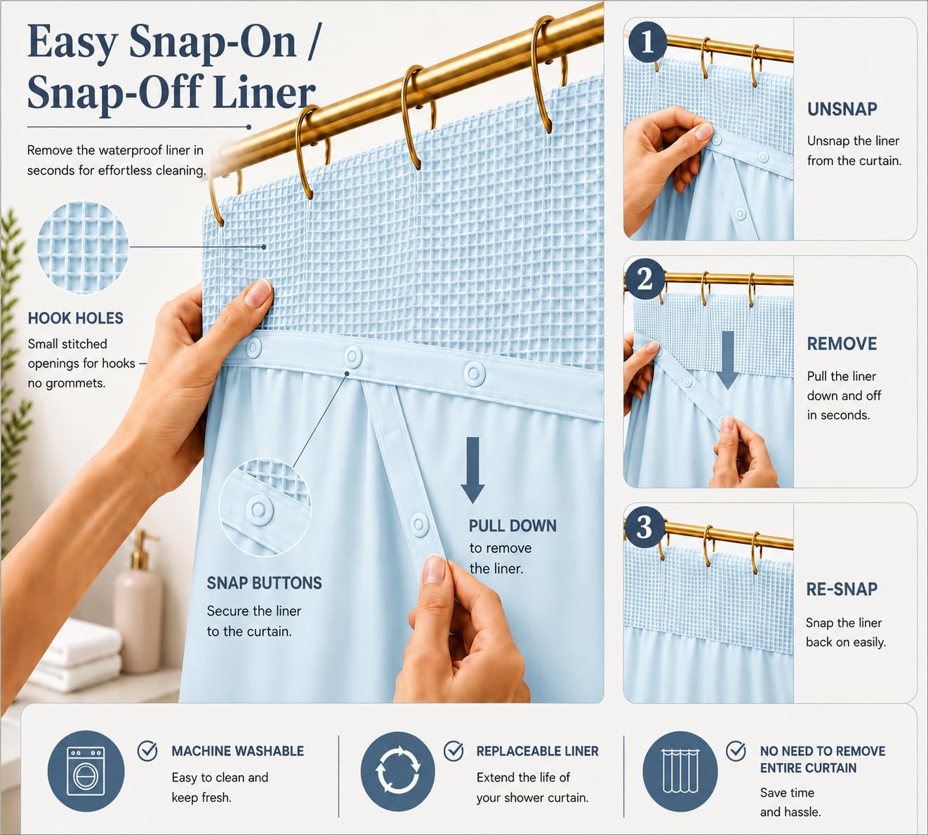 Dainty Home Waffle Weave Shower Curtain Set with Snap-in Liner in Sky Blue 70" x 72" – Modern Luxury Shower Curtain with Mesh Top Window