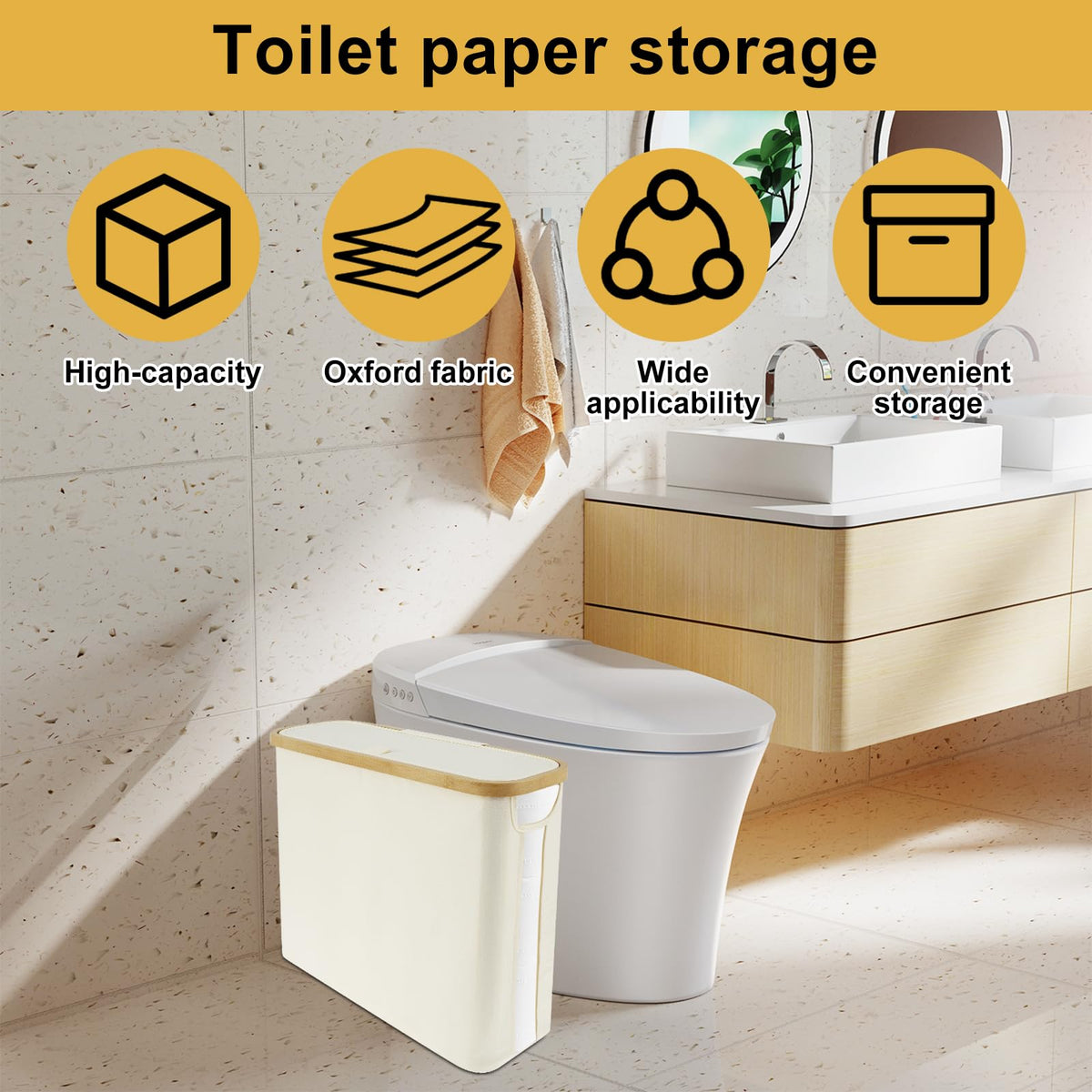 Toilet Roll Storage, Bathroom Storage Box Holder Stand with Side Window and Lid, Multifunctional Toilet Paper Basket Cabinet