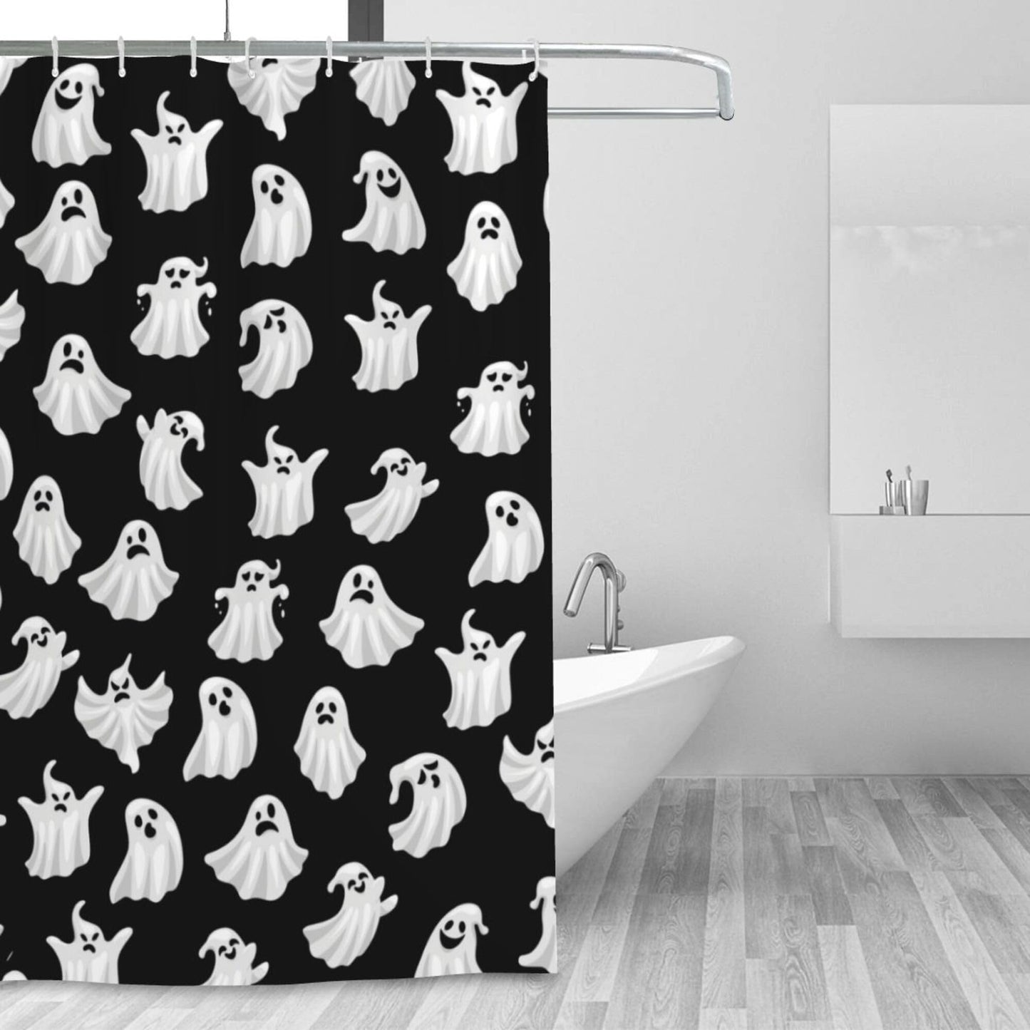 Abaysto Halloween Ghost Shower Curtain, Spooky Cute Funny Cartoon Ghosts Icons Black and White Fabric Polyester Bathroom Shower Curtain with 12 Hooks
