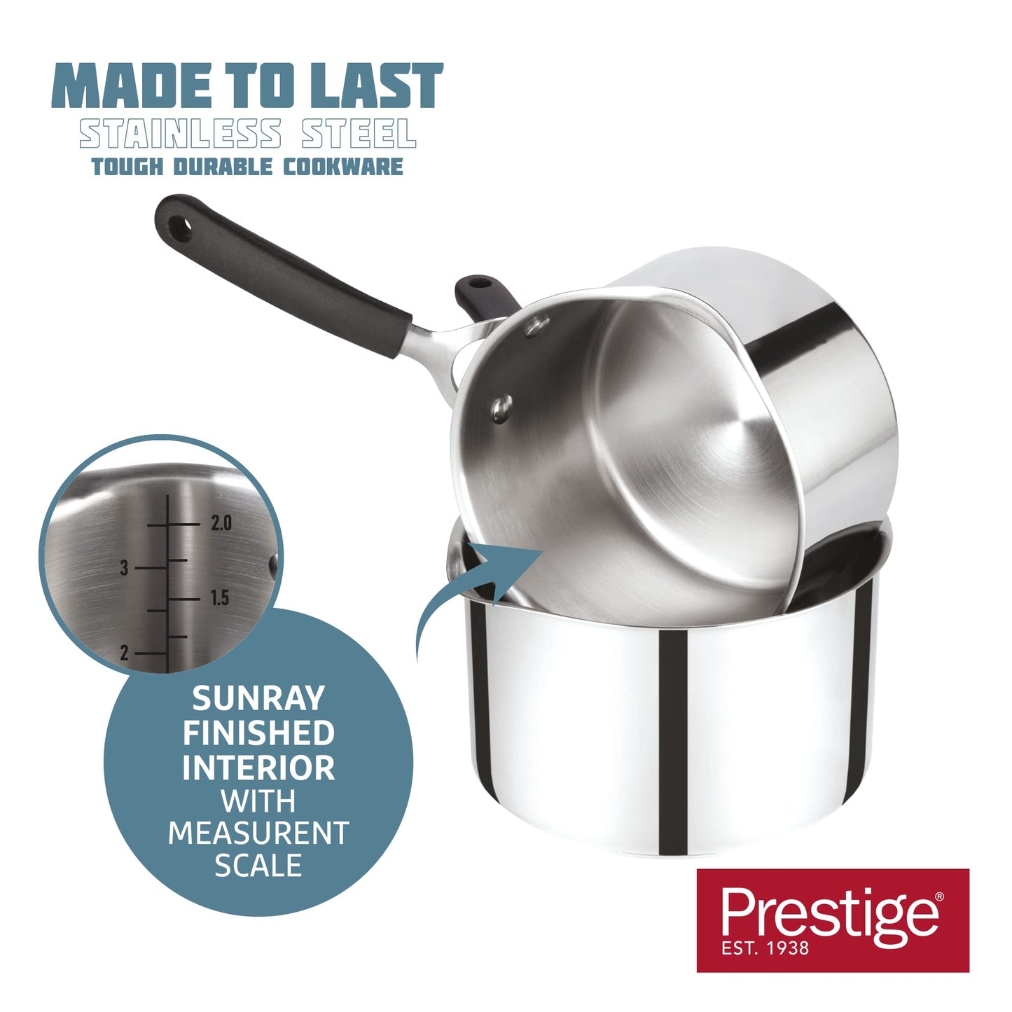 Prestige Made To Last Stainless Steel Saucepan with Lid 20cm - Large saucepan with Straining Lid, Measurement Guide & Easy Grip Silicone Handles,