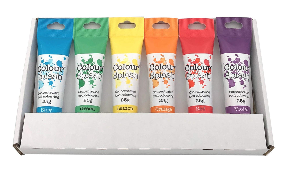 Colour Splash Food Colouring Gel Rainbow Colours 6 Set, supplied in shrink wrapped retail gift box with window Easy to Use Squeezy Tubes, Transform