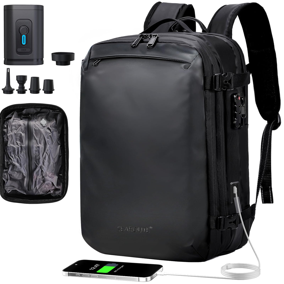 H.yeed Travel Backpack, Expandable 30L-60L Vacuum Backpack with USB&Type-C Charging Port and Pump, Waterproof Lightweight Business Rucksack, Wet Dry