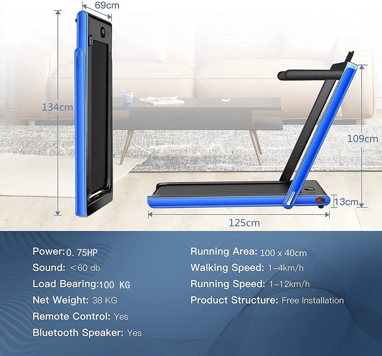 1-12Kph Folding Electric Treadmill with Bluetooth Capability-Black