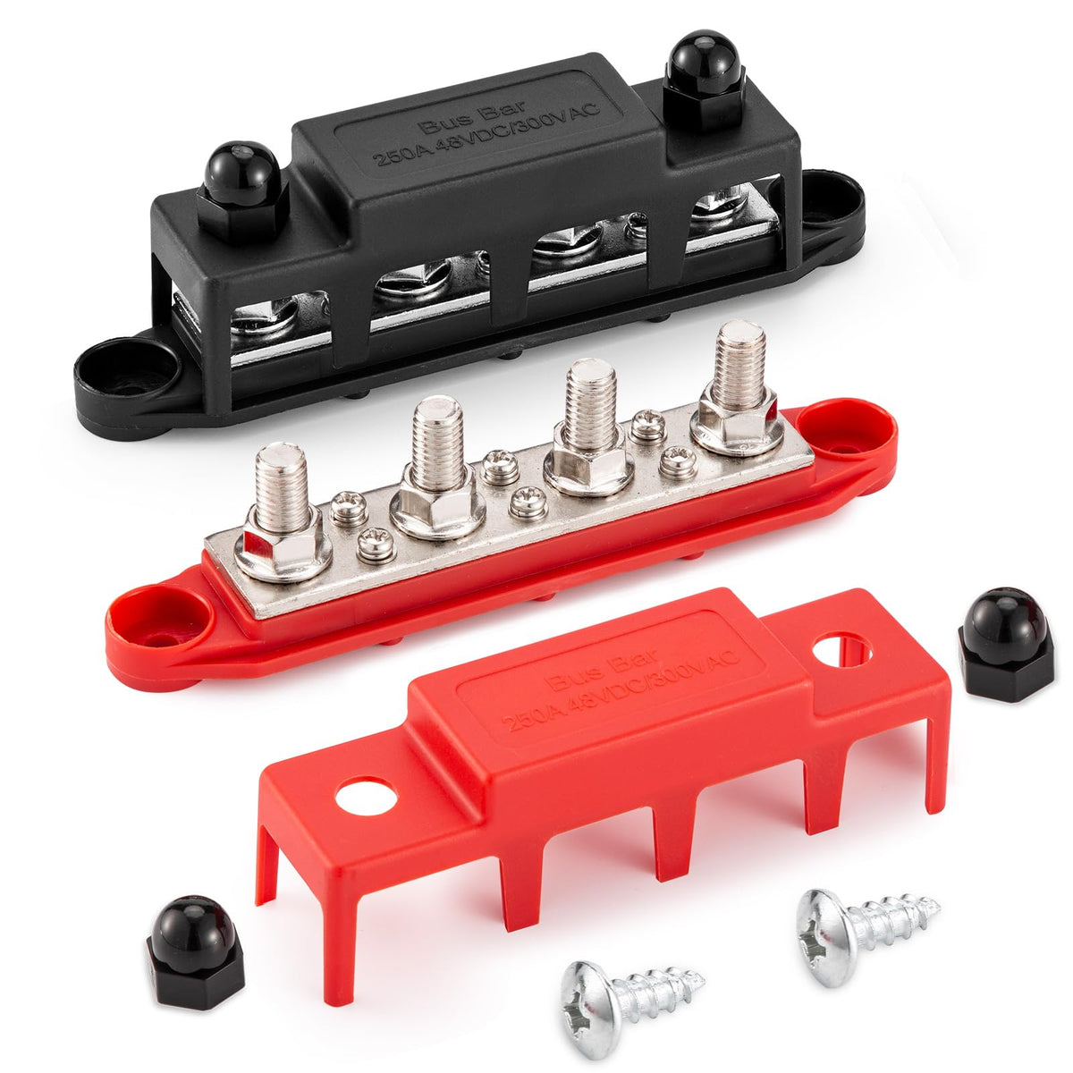 Bus Bar 12V 250A Power Distribution Block 4 x M8(5/16") Studs Marine Bus Bar 12 Volt Battery Busbar Terminal Block for Marine, Automobile, RV, Battery