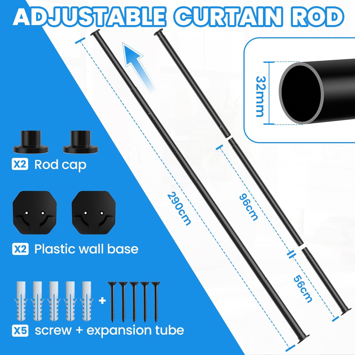 Extendable Φ32mm Curtain Poles 98-290cm Tension Rods with 2 Wall Base