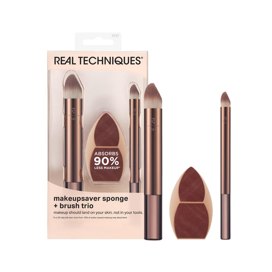 Real Techniques Makeupsaver Sponge + Brush Trio, Makeup Blending Sponge & Brushes For Liquid & Cream Formulations, Natural Finish & Reduces Makeup