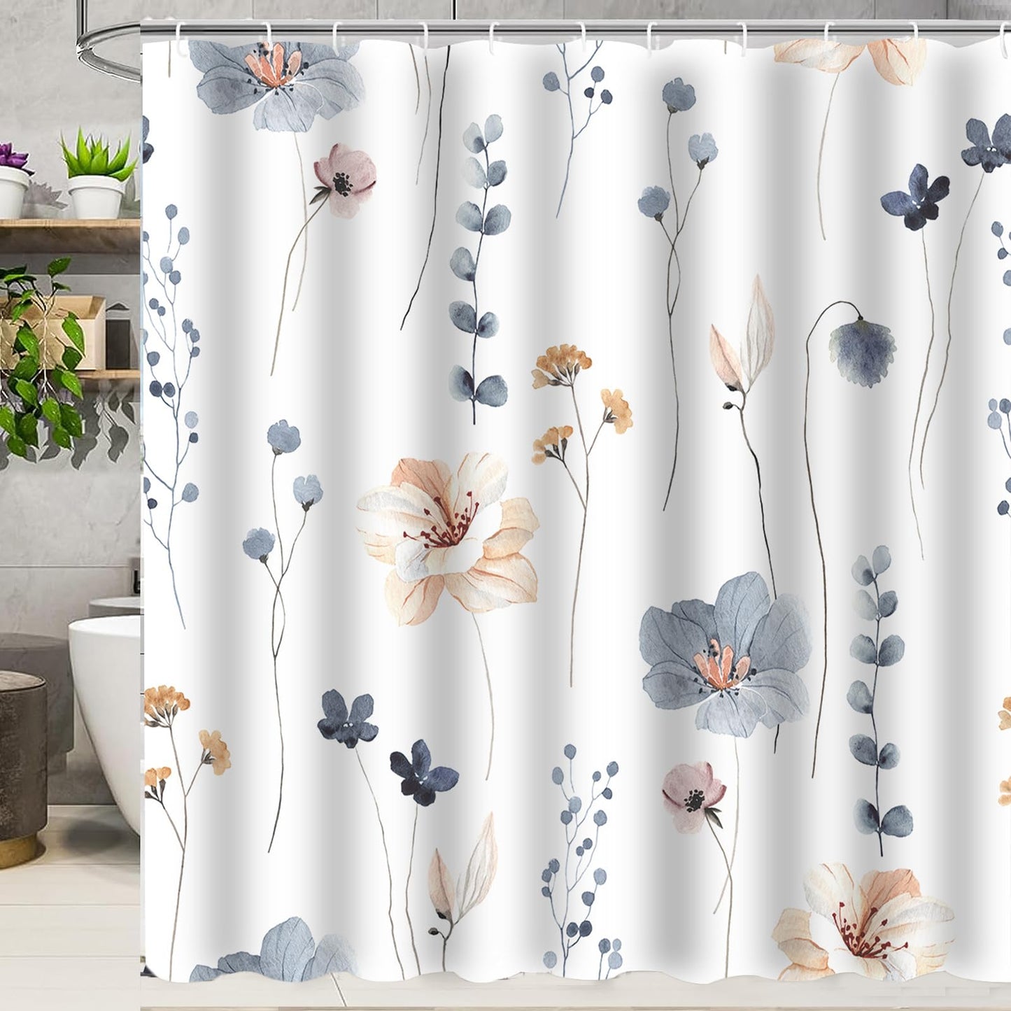 Jemsia Shower Curtain for Bathroom,Leaf Print Waterproof Anti Mould Bath Curtain with Weighted Hem,12 Hooks Floral Washable Polyester Shower Curtains