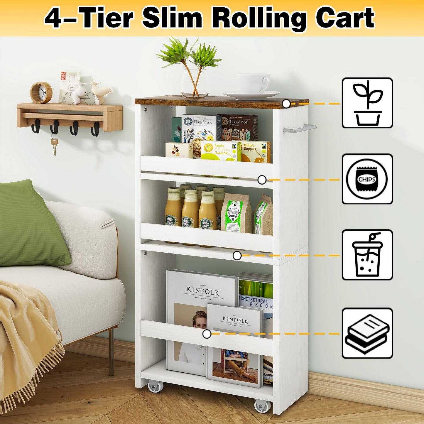 IBUYKE Slim Storage Cart Skinny Rolling Cart Utility Trolley WST005W