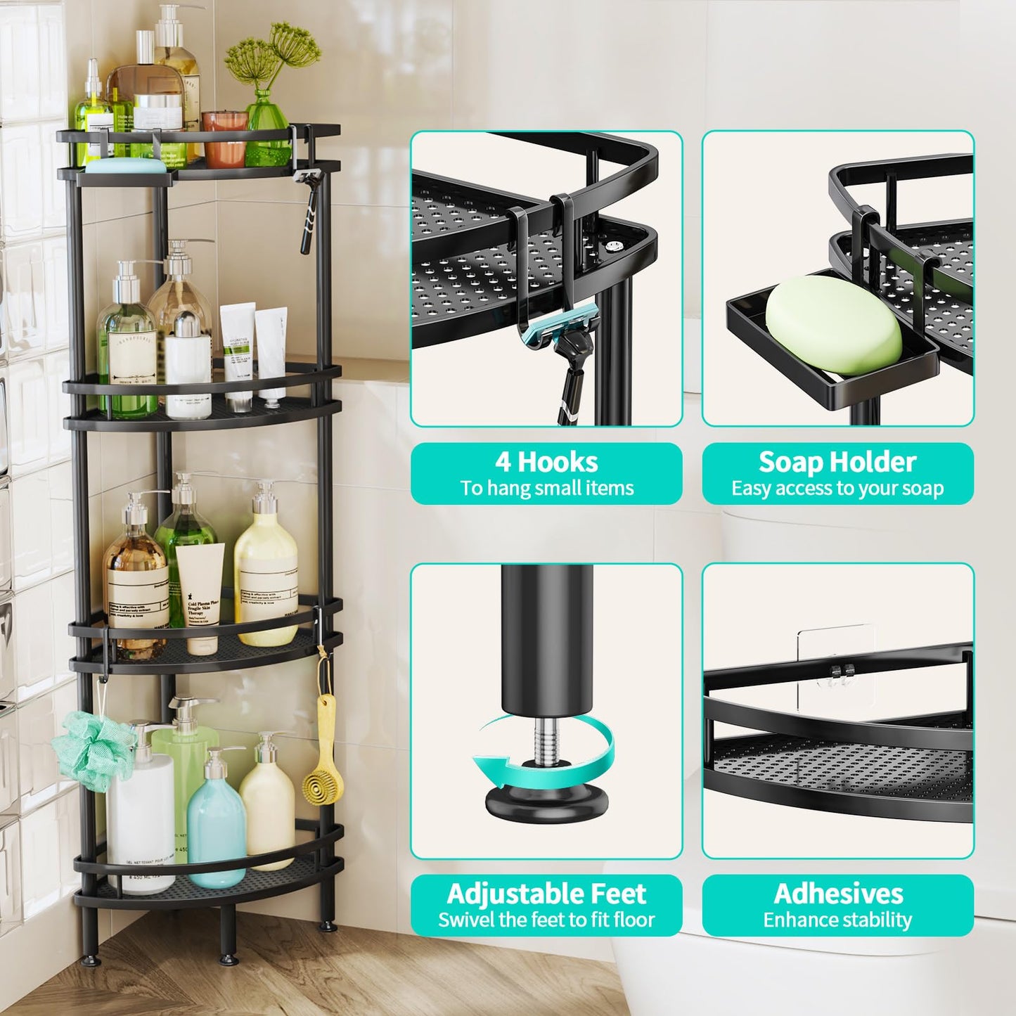 HapiRm Freestanding Shower Caddy Corner - 3 Tier Adjustable Feet Shelves
