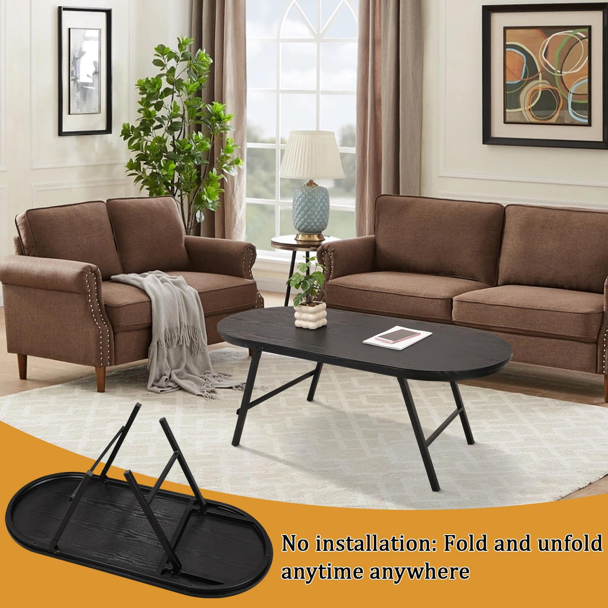 FEUFOAM Black Small Coffee Table Wooden Oval Folding Low Coffee Tables with Metal Legs Portable Floor Table Desk for Living Room Small Spaces