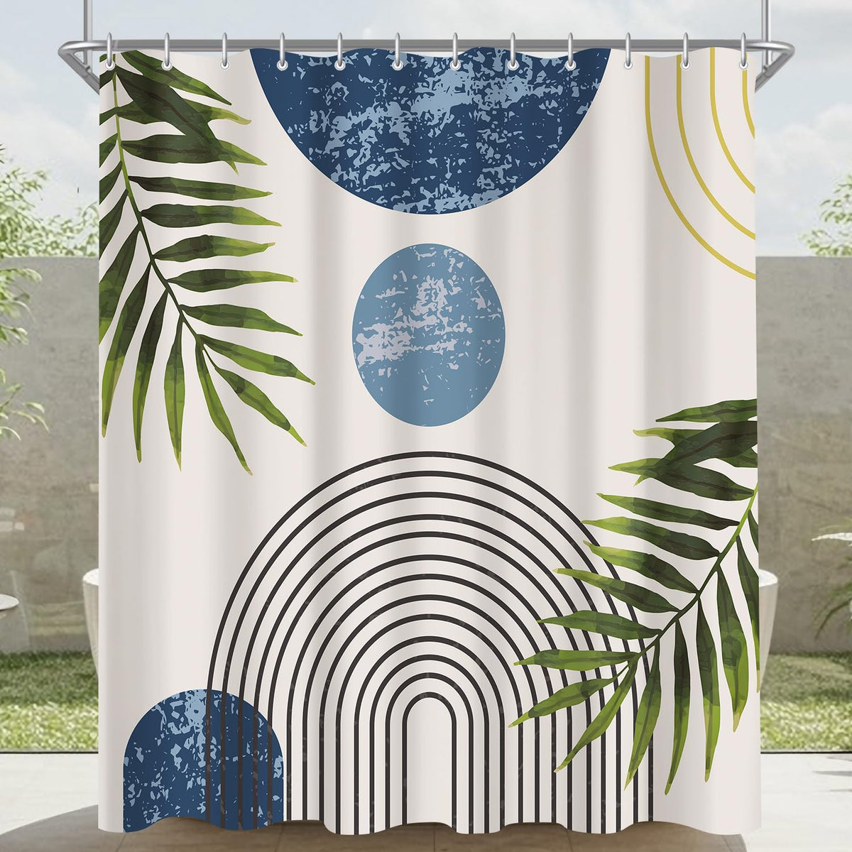 Lerores Shower Curtain, 180 x 160 cm, Blue Leaves Line, Weighted Hem, Anti-Mould Textile, Water-Repellent, Washable Polyester Bath Curtains with 12