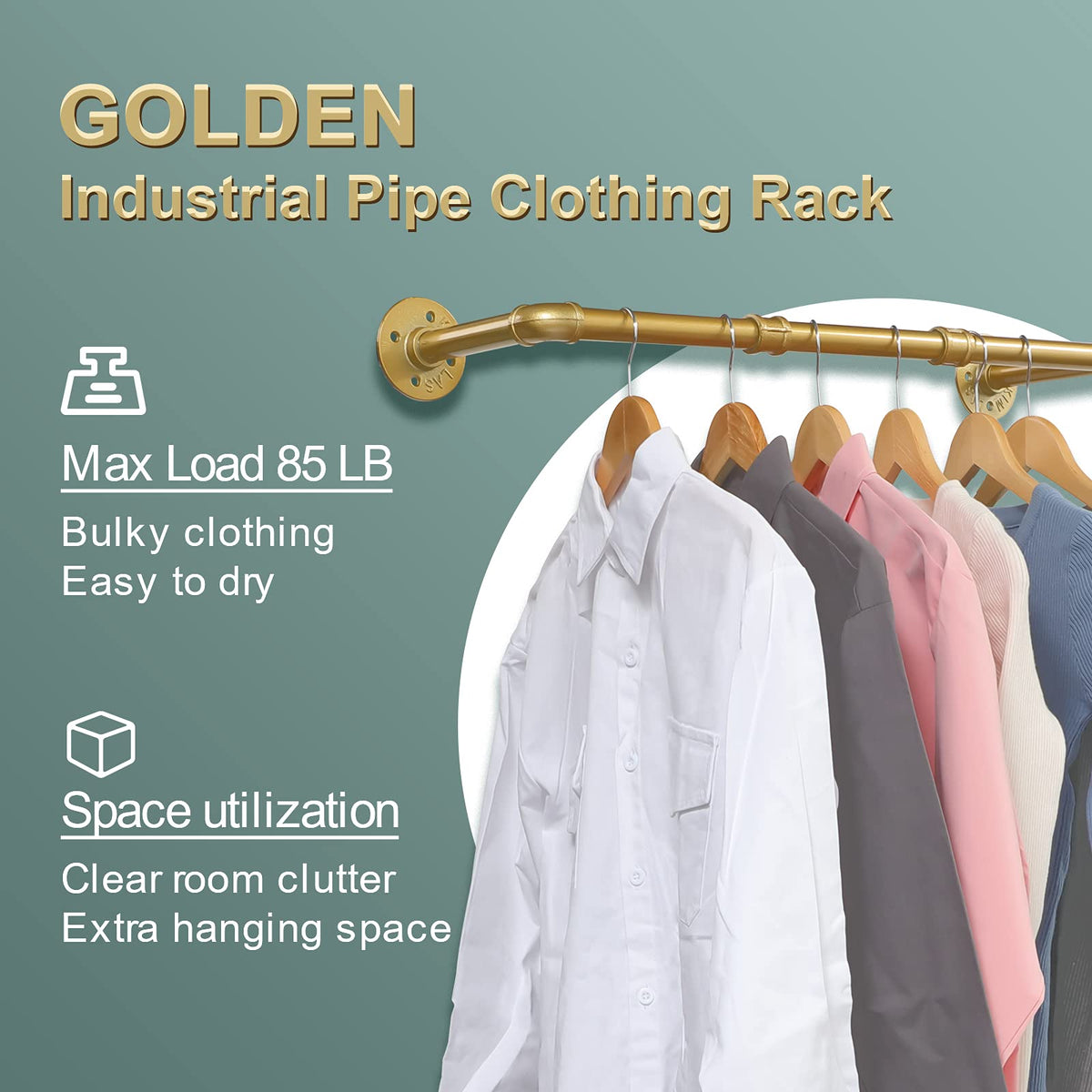 Ihomepark Industrial Pipe Gold Clothing Rack, 74 cm Wall Mounted Gold Iron Garment Clothes Bar, Heavy Duty Metal Hanging Rod for Retail Display