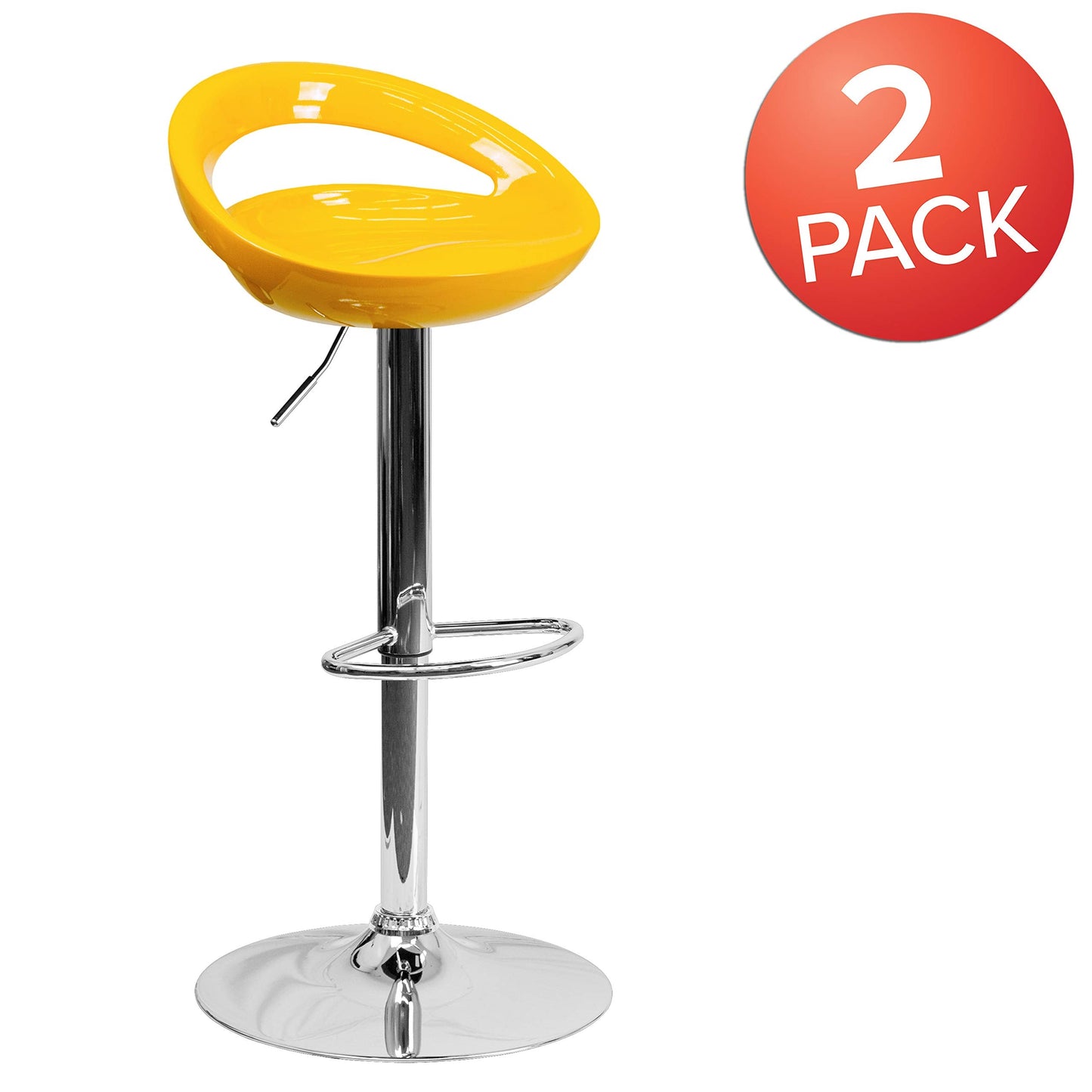 Flash Furniture Wilson 2 Pack Contemporary Yellow Plastic Adjustable Height Barstool with Rounded Cutout Back and Chrome Base
