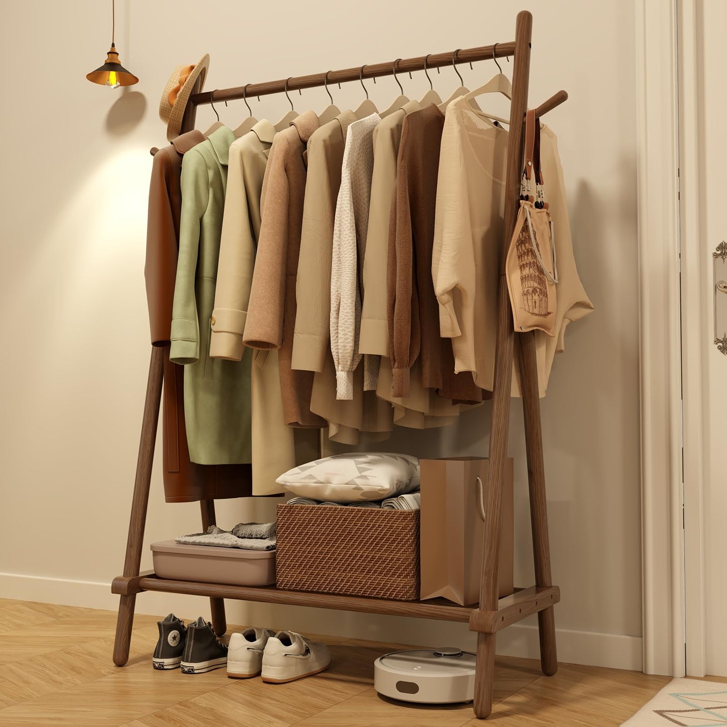 AQIMUELE Clothes Rail, Clothes Rack with Shelf and Hook, Sturdy and Portable, Garment Rack for Hanging Clothes, Coats, Skirts, Shoes