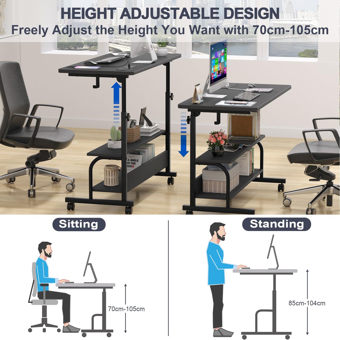 iSunirm Standing Desk with Power Outlets & USB, Height Adjustable Desk (70-104cm) on Wheels, Small Portable Computer Desk for Home Office