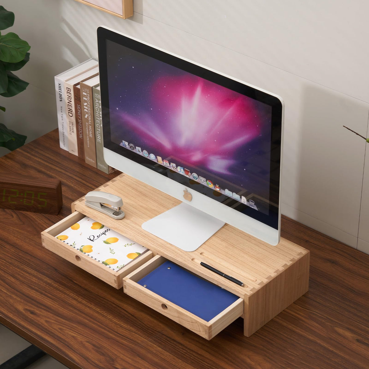 KIRIGEN Wood Monitor Stand with 2 Drawers Computer Arm Riser Desk Storage Organizer, TV Laptop Printer Stand,2-Tier Desktop Shelf Natural