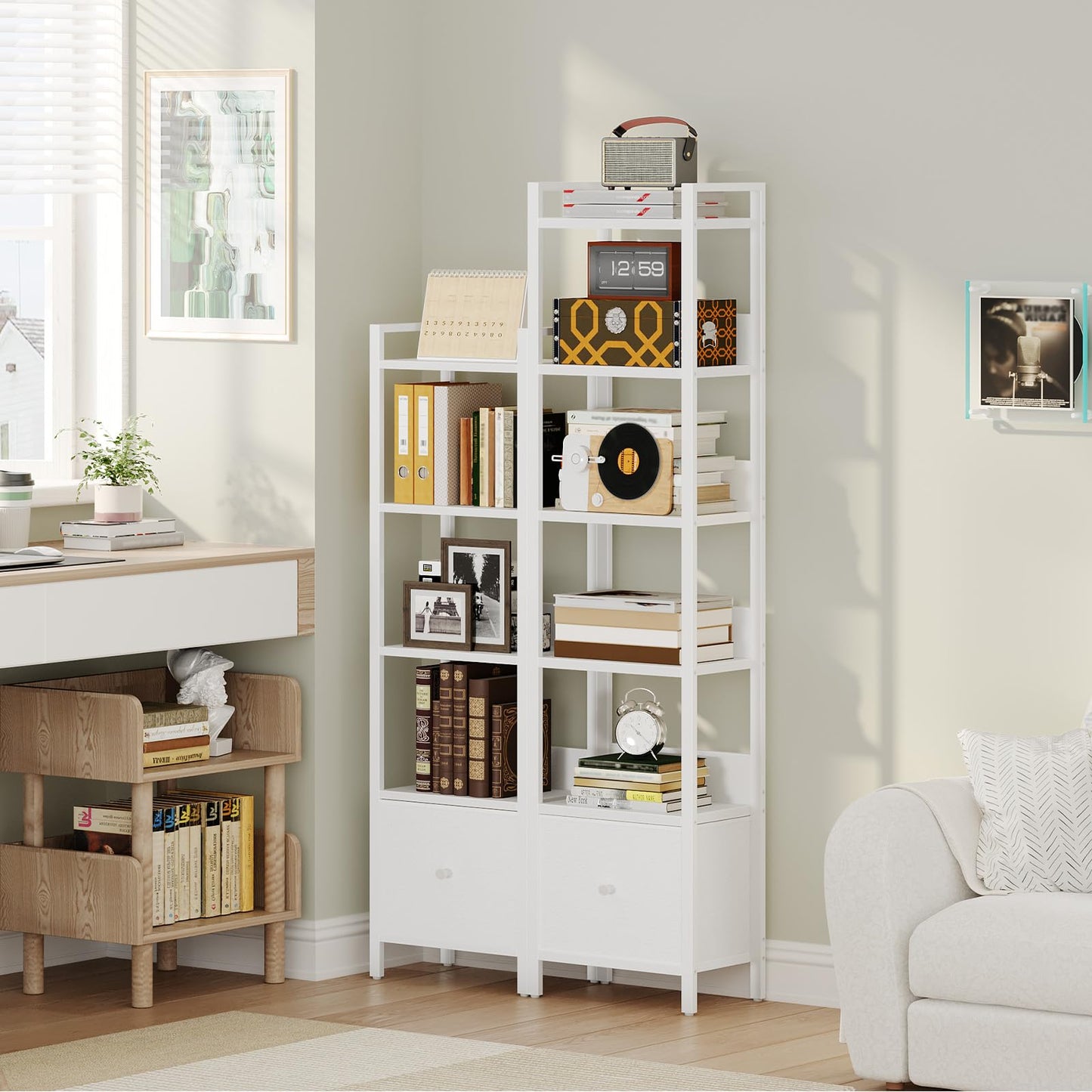MAHANCRIS Bookshelf, 5-Tier Bookcase with Removable Drawer, Freestanding Book Shelf for Small Space, Storage Shelf Organizer, for Living Room
