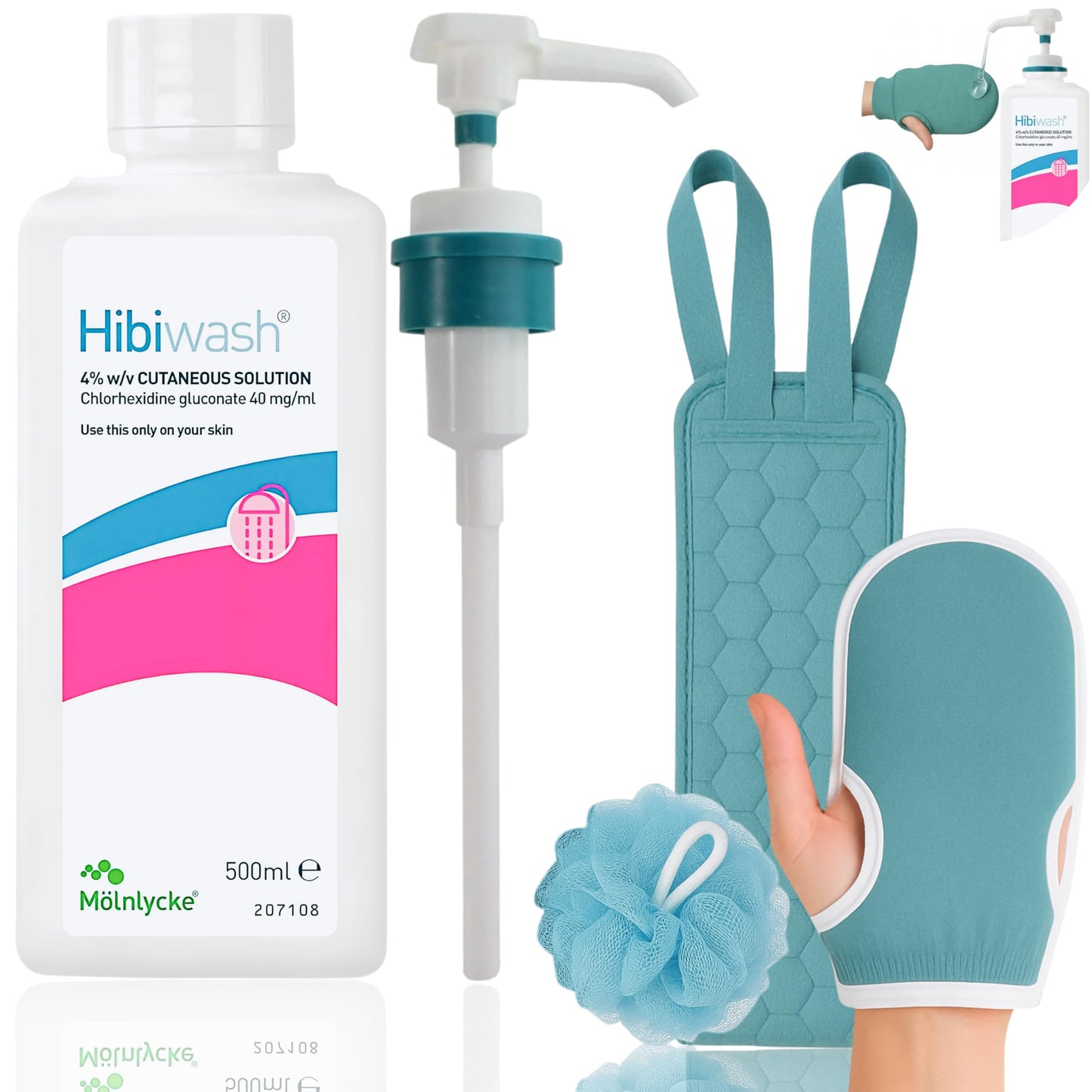 Hibiscrub now Hibiwash Complete Kit - Hibiwash 500ml Antibacterial Body Wash, Pump for Hibi scrub & 3 piece Microfibre Wash Set for gentle cleansing -
