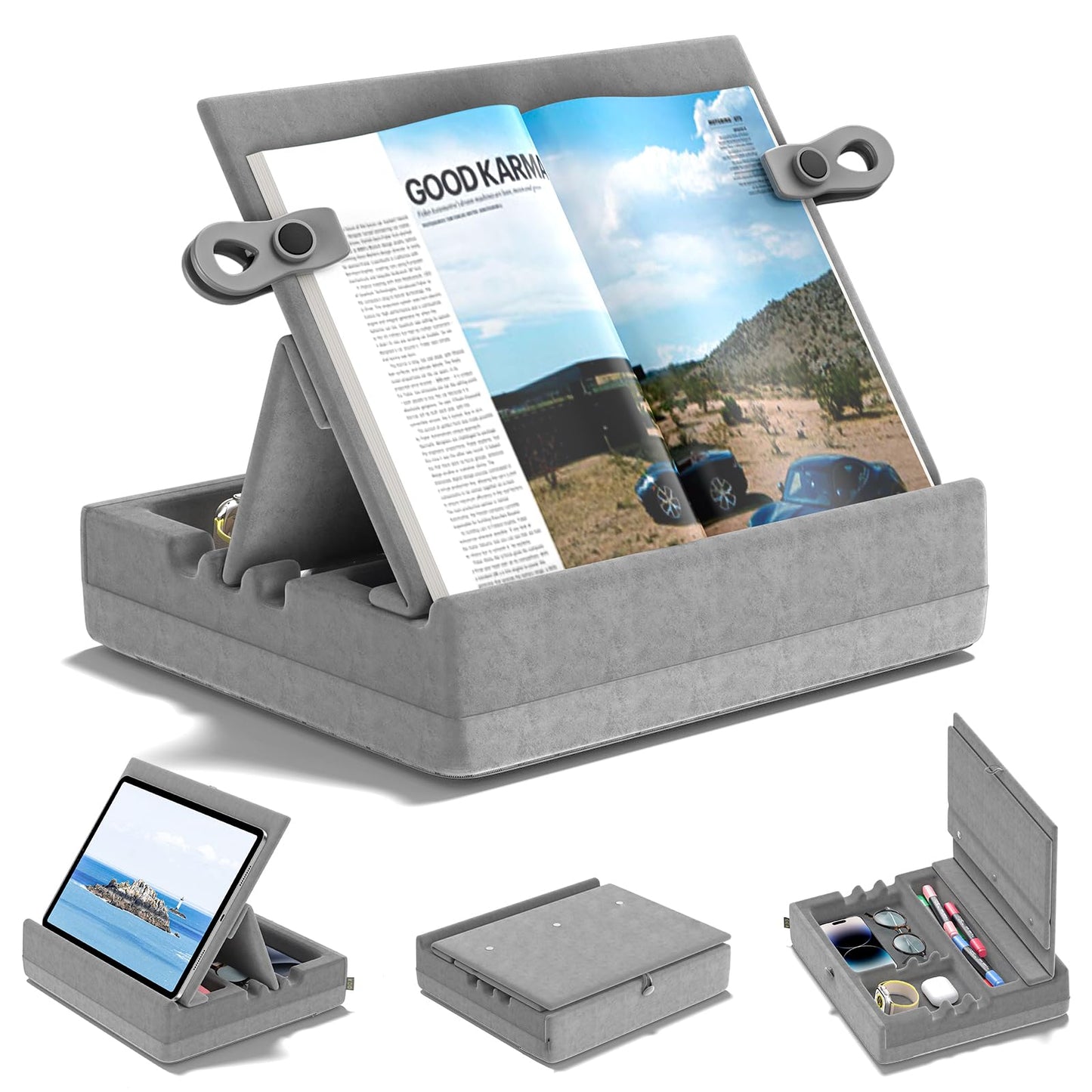 KDD Book Stand Holder for Reading, Multi-Angle Viewing Reading Pillow Stands with Organizer Tray for Lap, Bed, Desk and Couch, Foldable Tablet Pillow