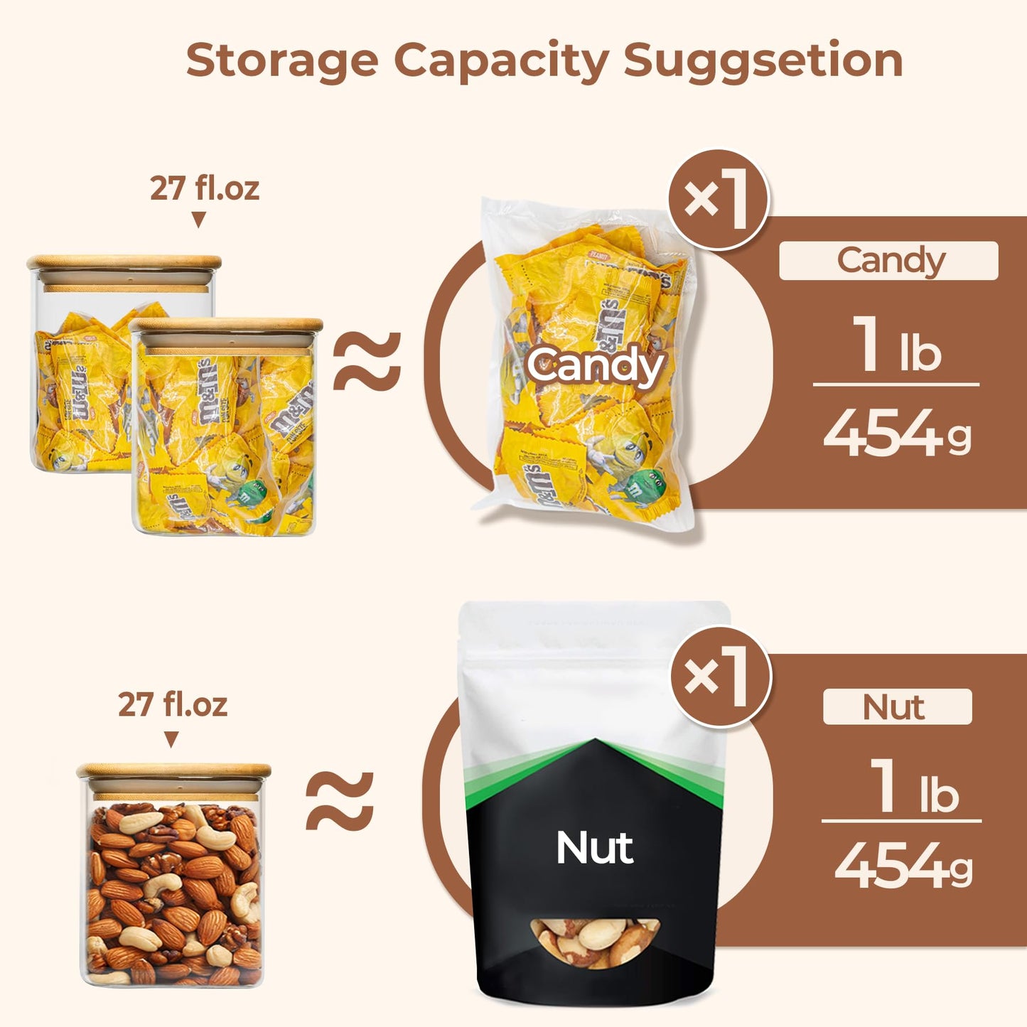 ComSaf 27oz/800ml Glass Food Storage Jars Set of 6, Clear Storage Containers with Airtight Bamboo Lid, Pantry Organization Jar, Spice, Tea, Coffee and