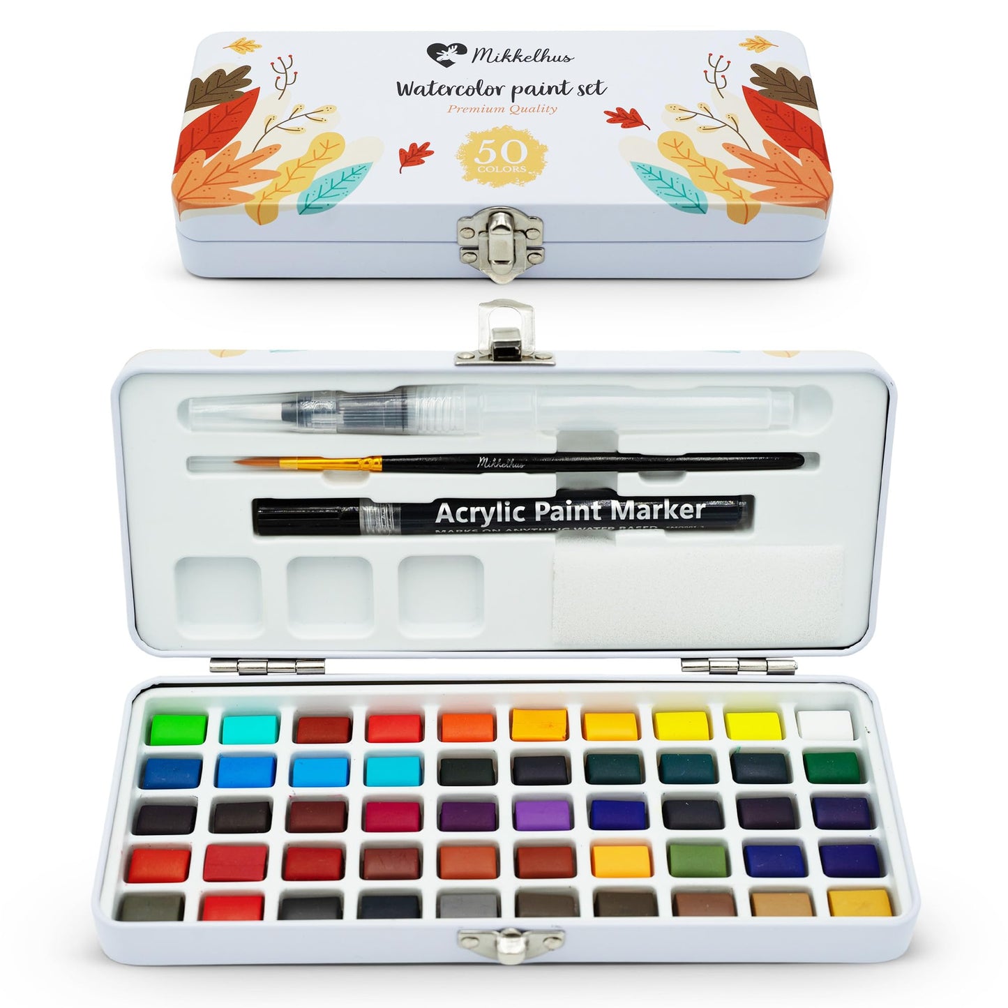Mikkelhus Watercolour Paint Set - 50 Colours in Metal Box with Brush & Watercolour Paper | Watercolour Painting Set for Travel, Beginners & Artists