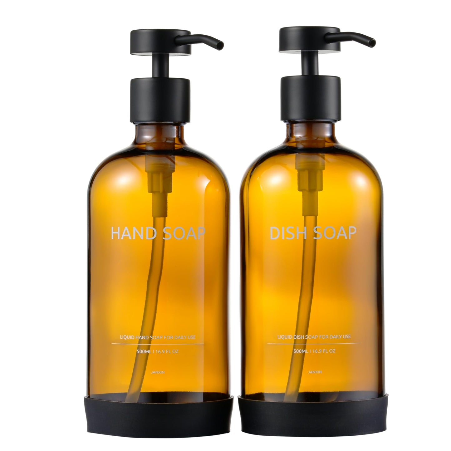Janxin Set of 2 Glass Soap Dispenser 500 ml, Black Glass, White, Non-Slip Silicone Protective Underlay (Brown bottle + blackhead)