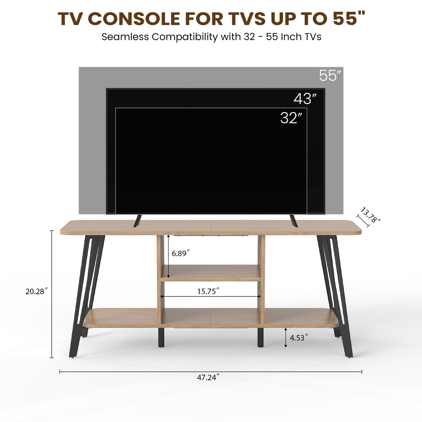 Manora Curved Metal Frame TV Stand with 2-Tier Middle Storage Compartment (Bright brown)
